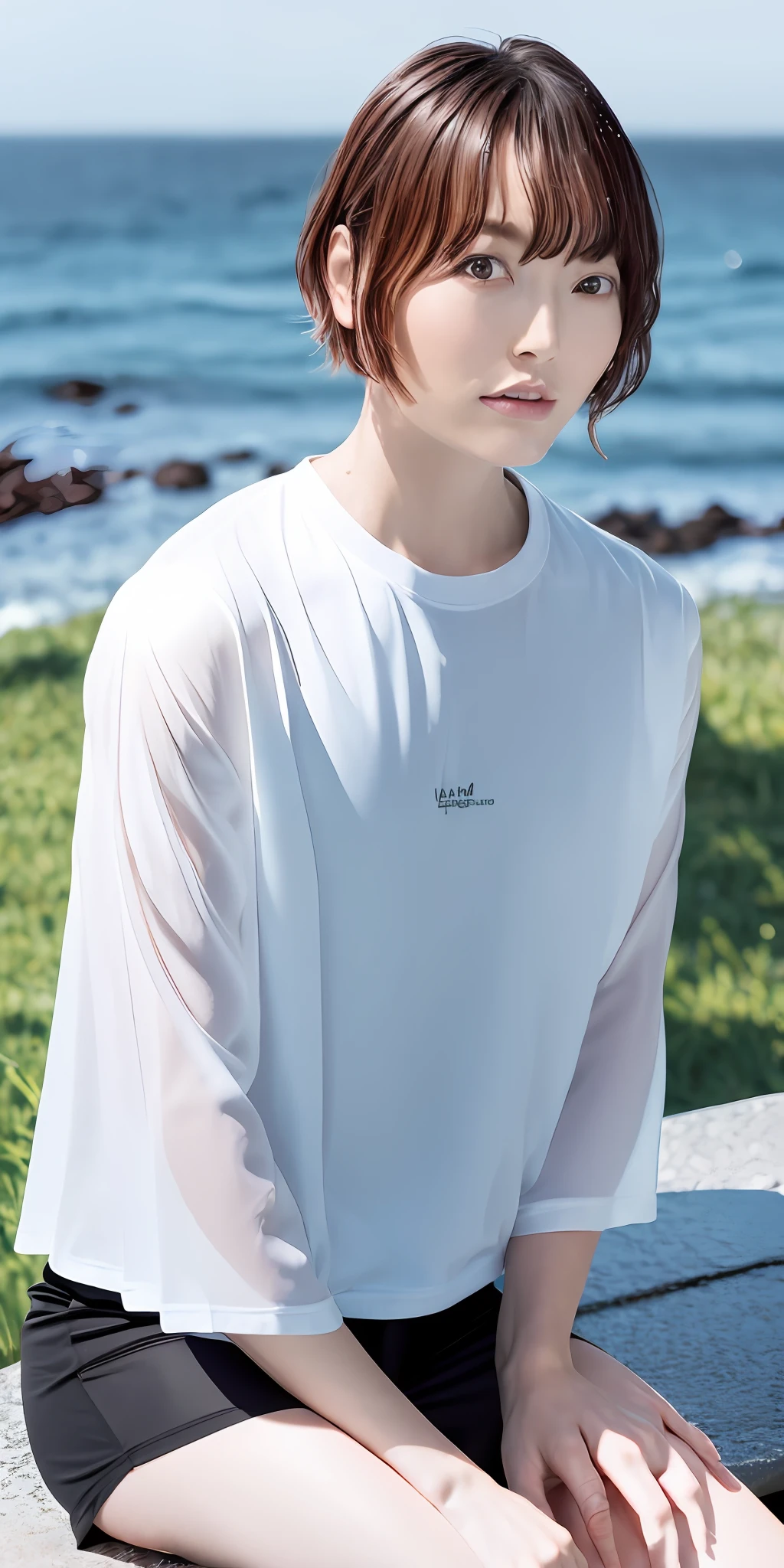 Excellent, masterpiece, brown hair, black outerwear, wet outerwear, shiny outerwear, wet shirt, white shirt, transparent shirt, shiny shirt, black shorts, look over, upper body, hair, fair skin, side blades, sitting by the sea, shiny thighs. wet clothes, wet hair, wet skin, underwear, rain, wet hair, hair that clings to the face, disheveled hair