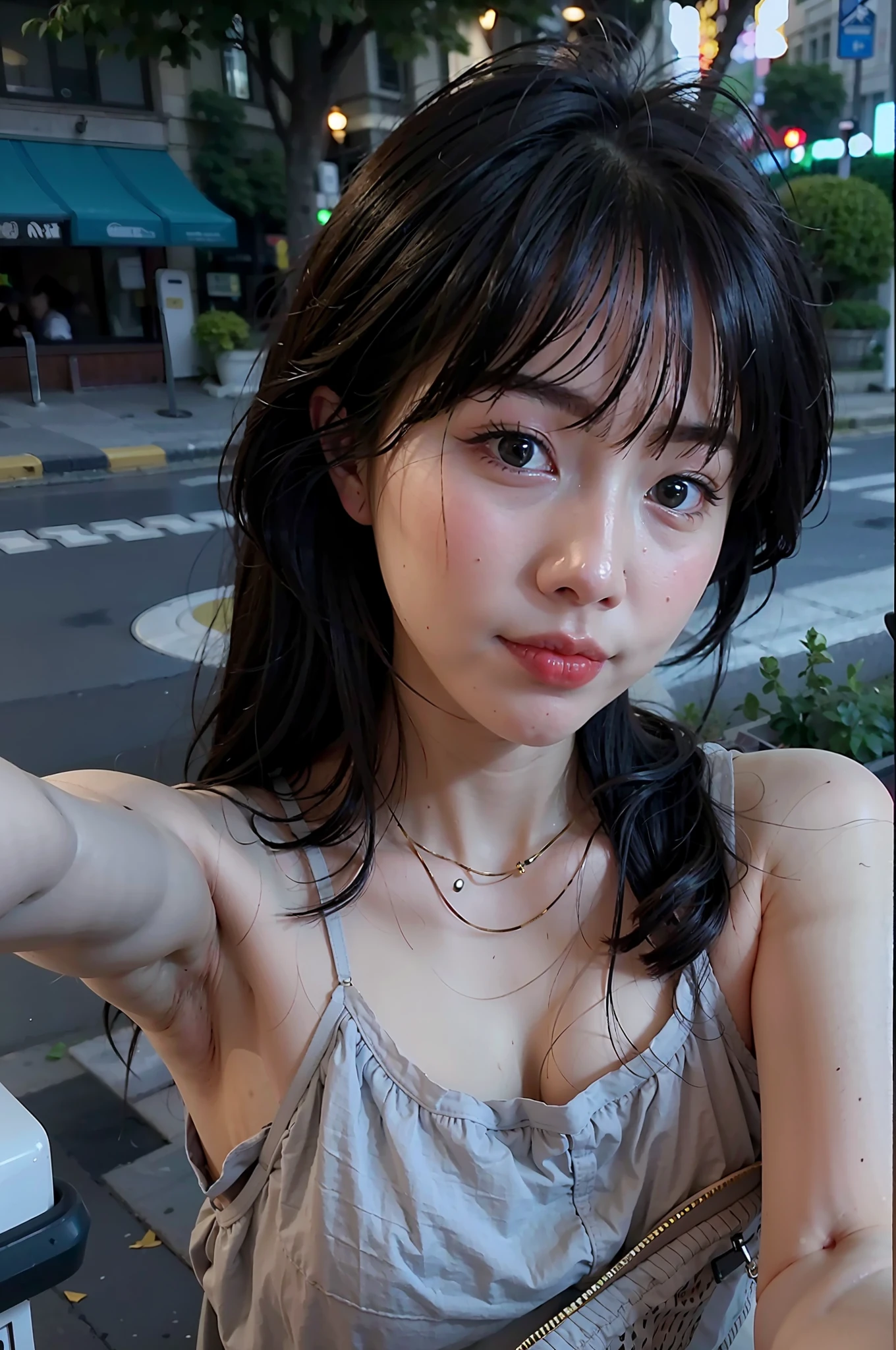 there is a woman that is posing for a picture on the street, with short hair, young adorable korean face, young cute wan asian face, ulzzang, 8k selfie photograph, beautiful south korean woman, gorgeous young korean woman, 🤤 girl portrait, soft portrait shot 8 k, beautiful young korean woman, korean girl, girl cute-fine-face