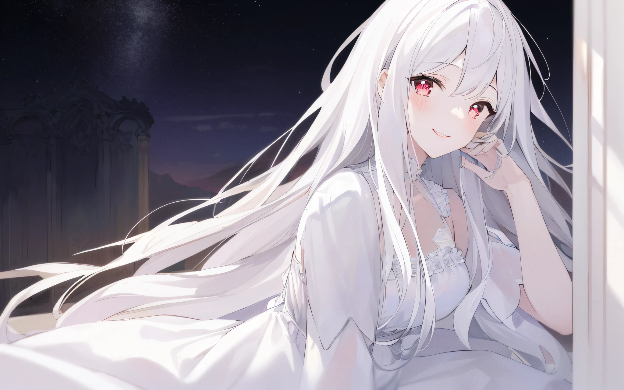 1girl, full body, denim photo, (Rembrandt), illustration, (masterpiece), (best quality), (ultra_detailed), finely detail, (Depth of field), gloves, long hair, star\ (symbol\), looking at viewer, (Silver hair:1.2), red eyes, upper body, hair ornament, :p, frills, pink shirt, smile, sleeveless, shirt, idol, symbol-shaped pupils, hands up, brags smile, sleeveless, shirt, idol, hands up, bangs, side up, arms up, skirt pulling, roaring twenties, isometric, seen from above, sky, flowers, cliffs,