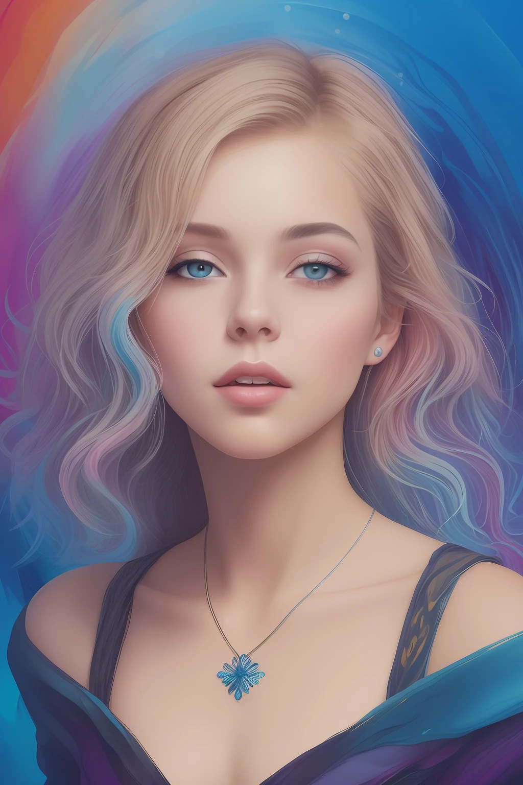 Colorful beautiful girl: a giru 8-, messy hair, oil painting, nice perfect face with soft skinice perfect face, blue yellow colors, light purple and violet additions, light red additions, intricate detail, splash screen, 8k resolution, masterpiece, cute face,artstation digital painting smooth veryBlack ink flow: 8k resolution photorealistic masterpiece: intricately detailed fluid gouache painting: by Jean Baptiste Mongue: calligraphy: acrylic: watercolor art, professional photography, natural lighting, volumetric lighting maximalist photoillustration: by marton bobzert:, complex, elegant, expansive, fantastical, wavy hair, vibrant