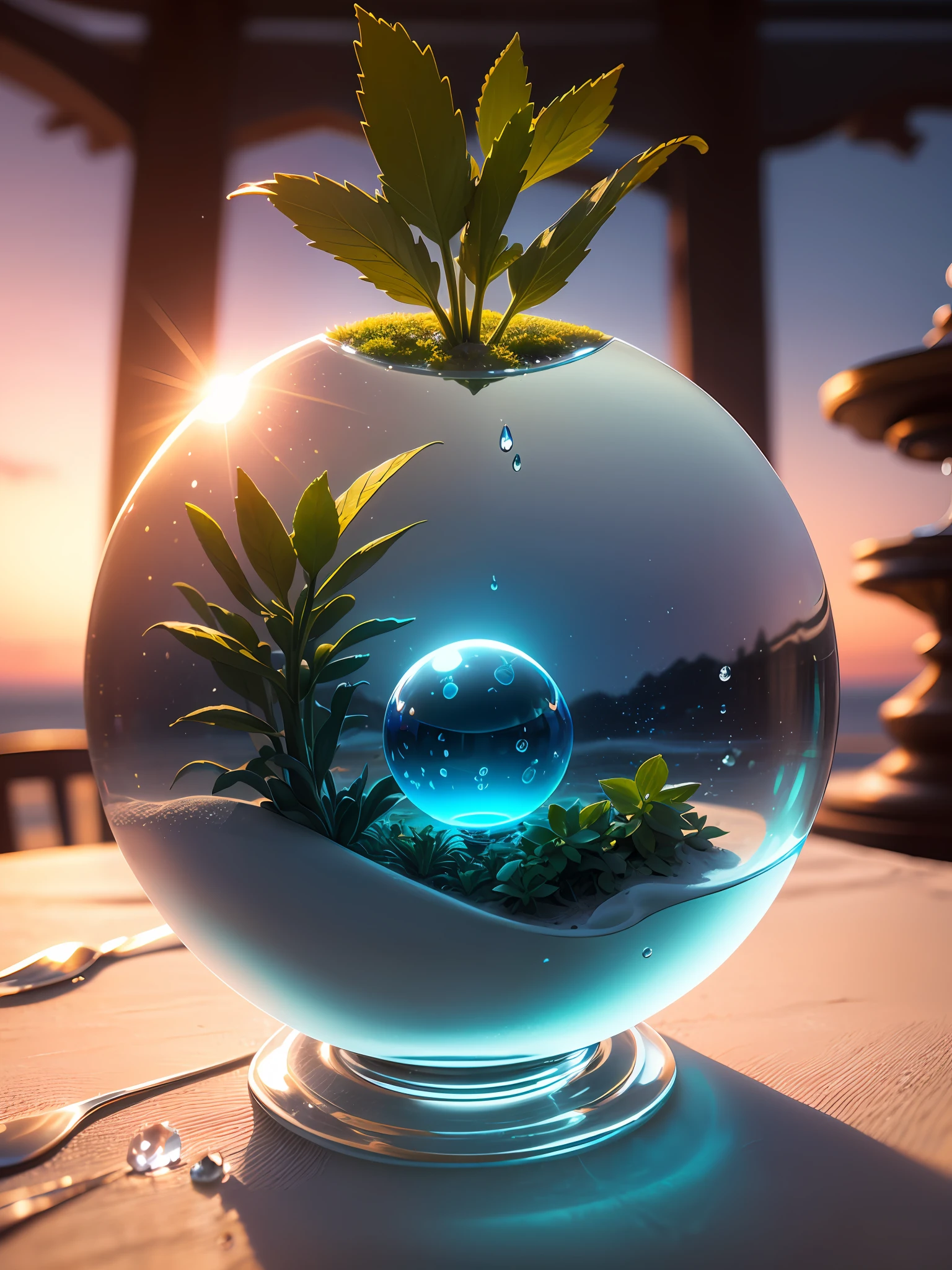 Ultra-realistic, 16K high resolution, (Max Sharp Focus: 1.3), (Max Close-up: 1.5), (Young herbs trapped in a crystal perfect ball with pedestal on table: 1.7), (Sunrise, water drops, drops, white sand: 1.5), (Blue backlight)