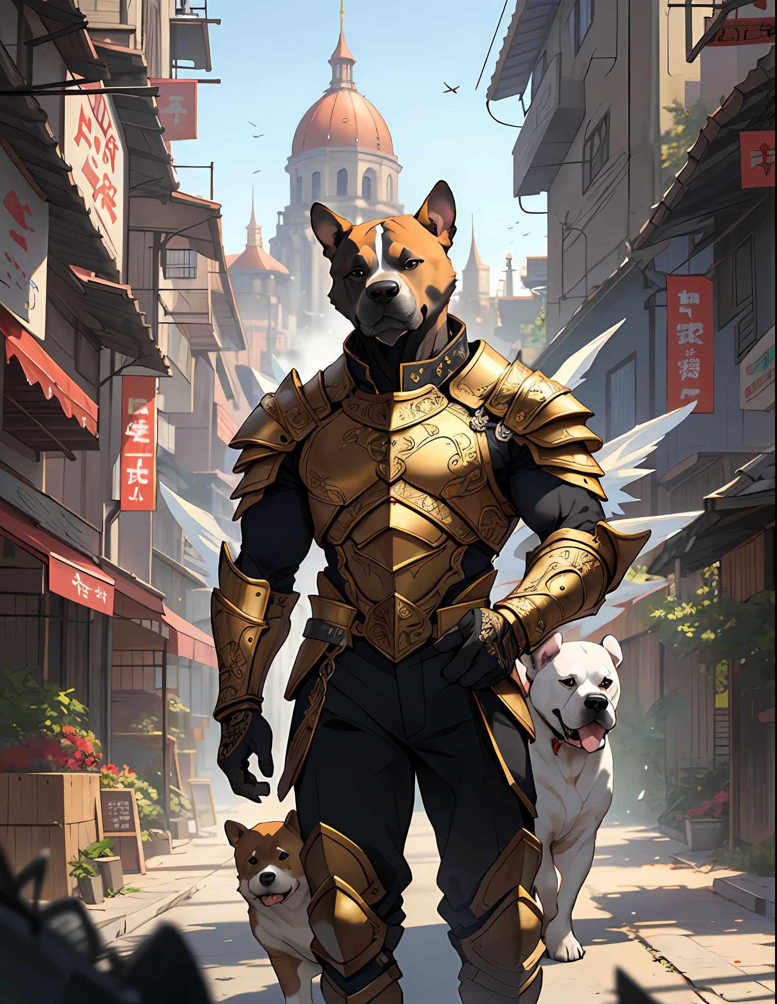((raw photo)), ((Work before)), Bull terrier,chow chow dog Anthropomorphic Dog AngelDog, Bulldog breed, wearing gold armor, intricate detail, Futobot, intricate Greebles pieces, Golden heavenly city behind, big wings