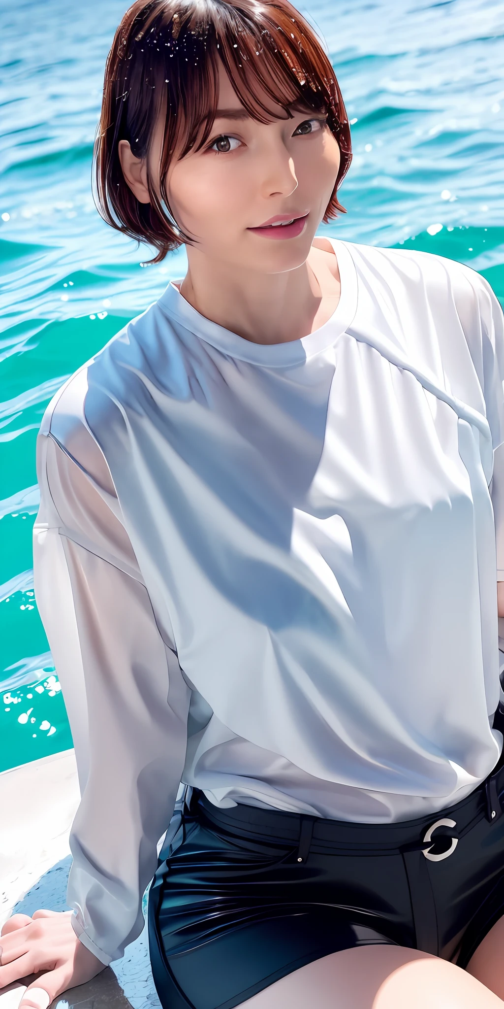 Excellent, masterpiece, brown hair, black outerwear, wet outerwear, shiny outerwear, wet shirt, white shirt, transparent shirt, shiny shirt, black shorts, look over, upper body, hair, fair skin, side blades, sitting by the sea, shiny thighs. wet clothes, wet hair, wet skin, underwear, rain
