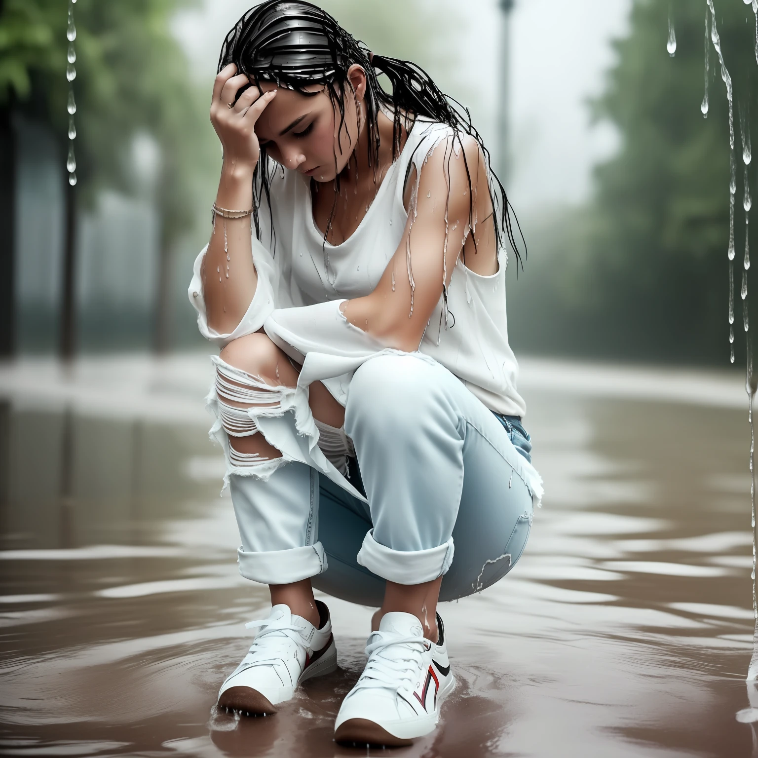 best image quality, masterpiece, super high resolution, (fidelity:1.4), photo, 1 girl, white shirt, torn jeans, white sneakers, dim, darkness, despair, pity, poor, movie, tears, teardrops, (torn clothes:1.5), (wet clothes:1.4), bare shoulders, real rain, wet hair,.. --auto