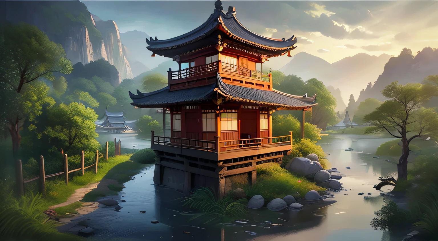 Chinese village scenery with bridge and pagoda, landscape artwork, G Ryurian art style, temple background, landscape game concept art, detailed scenery, beautiful artwork illustration, zen temple background,