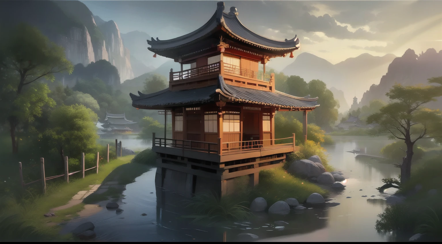 Chinese village scenery with bridge and pagoda, landscape artwork, G Ryurian art style, temple background, landscape game concept art, detailed scenery, beautiful artwork illustration, zen temple background,