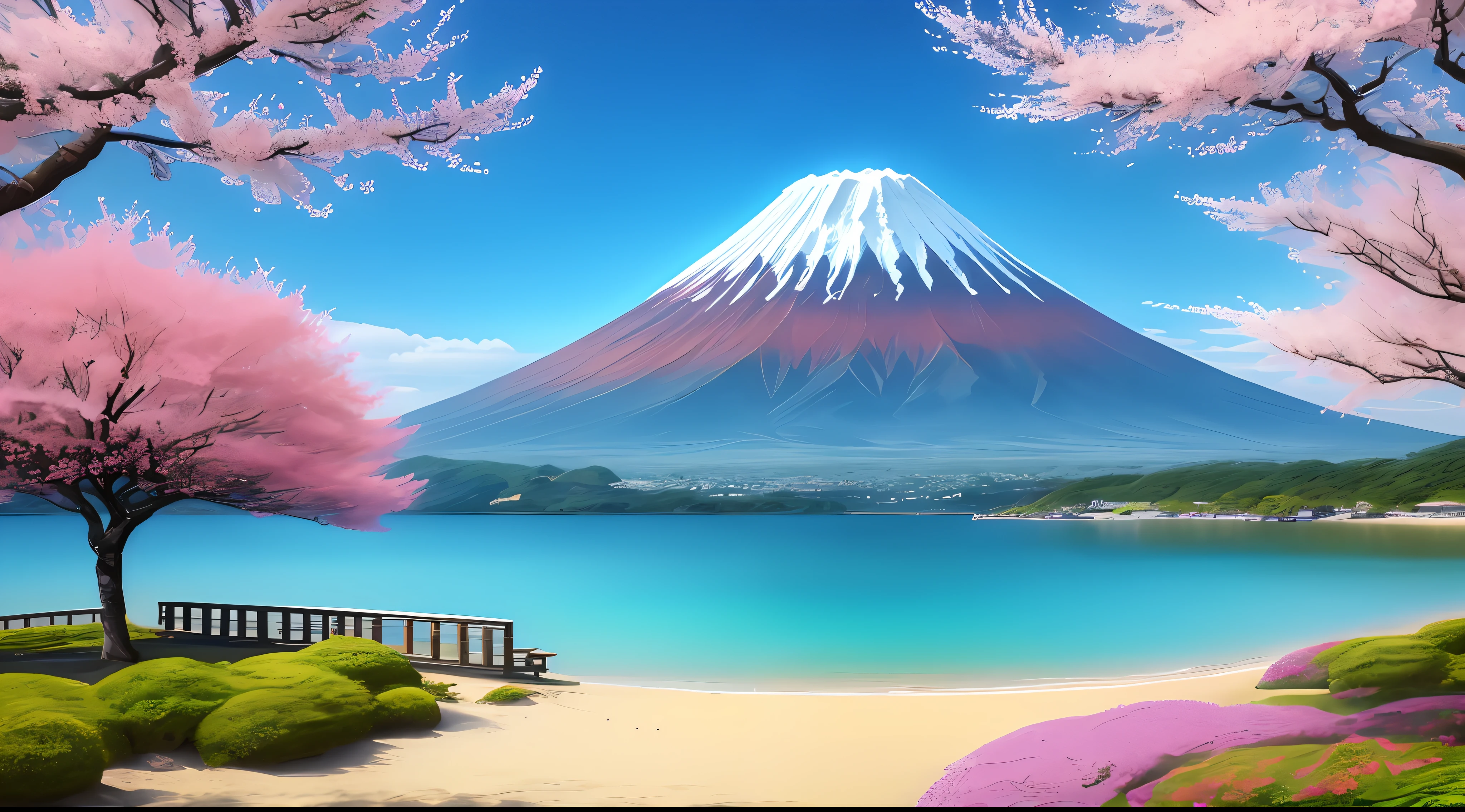 A picturesque view of Mount Fuji, adorned with delicate and lush cherry blossoms, standing tall and proud, untouched by human presence.(summertime, serene atmosphere, picturesque scenery), tranquil beach, (deserted and peaceful setting), clear blue waters, gorgeous coast, (idyllic and serene view).