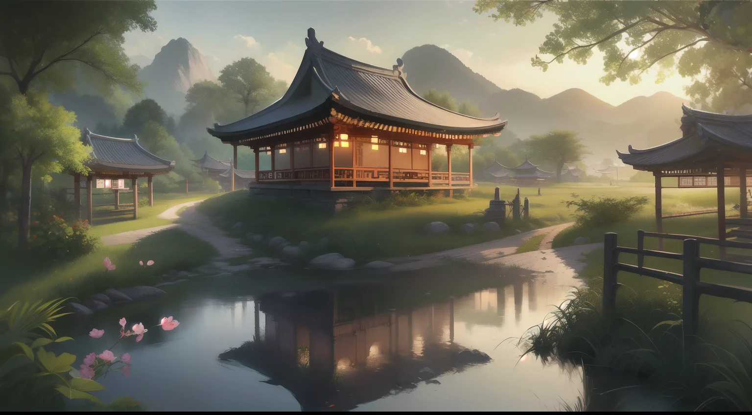 Chinese village scenery with bridge and pagoda, landscape artwork, G Ryurian art style, temple background, landscape game concept art, detailed scenery, beautiful artwork illustration, zen temple background,