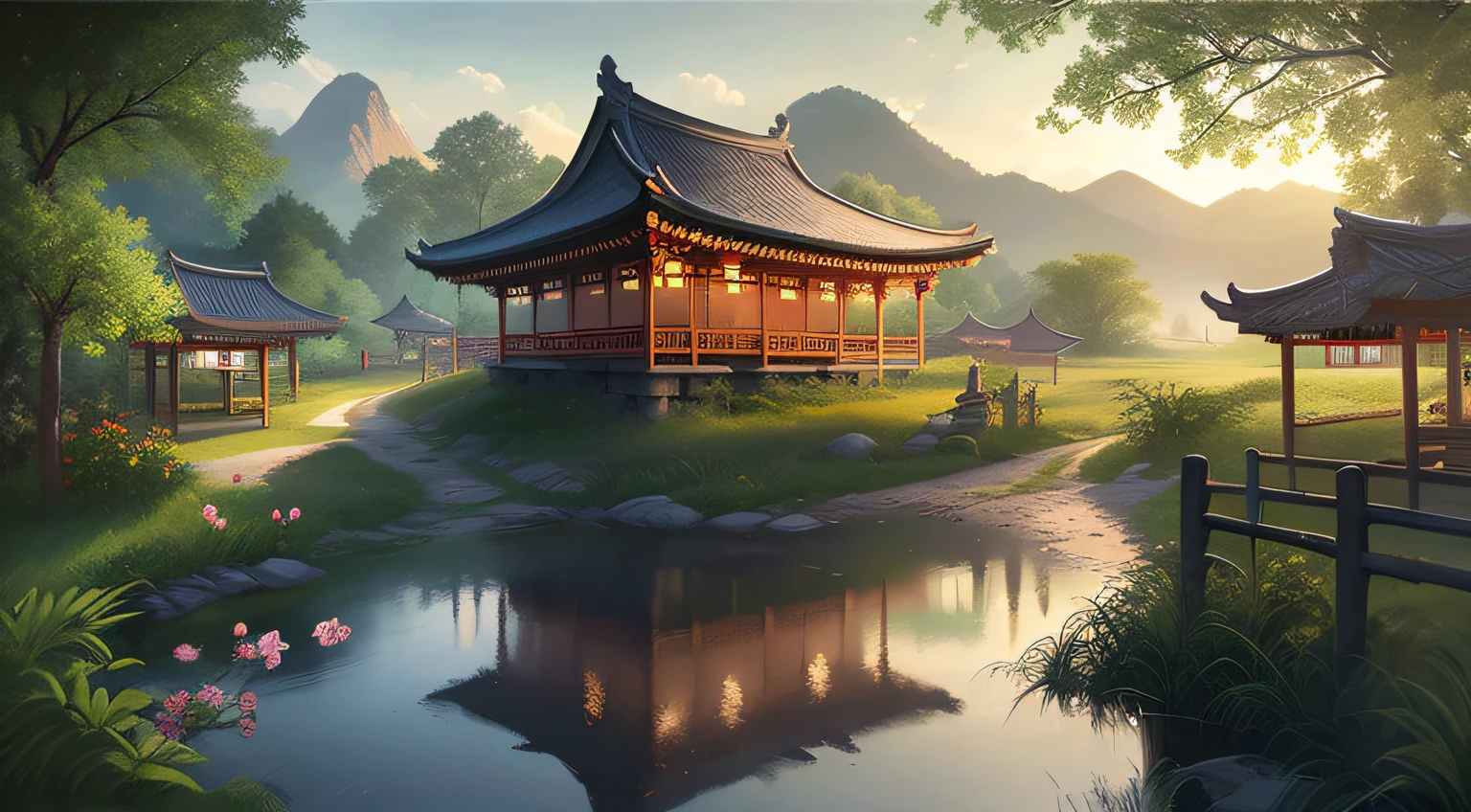 Chinese village scenery with bridge and pagoda, landscape artwork, G Ryurian art style, temple background, landscape game concept art, detailed scenery, beautiful artwork illustration, zen temple background,