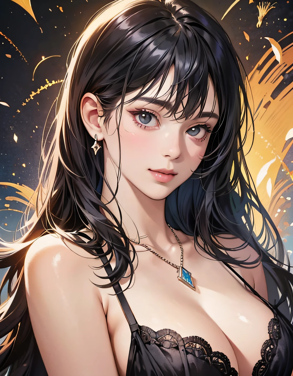 (Original photo: 1.2), (Realistic: 1.4), (Masterpiece: 1.3), (Top quality: 1.4), Dreamy, (detailed eyes), (detailed facial features), (detailed clothing features), Skin tone, (Shiny skin: 1.9), (Slim girl), (Slim girl), (Slim girl), 1 girl, ((full length)), Solo, cute, smlie, virtual girl aiming, (medium bust), bangs, straight hair, long hair, black hair, black eyes, crystal pendant, black lingerie, prominent