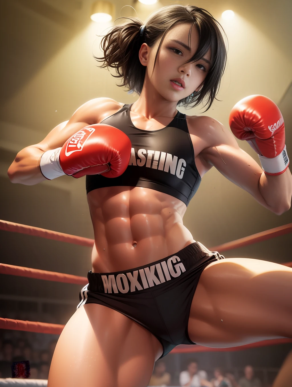 Top quality, masterpiece, black hair, black eyes, boxing uniform, shiny skin, sweat-soaked skin, toned abs, beautiful legs, boxing arena, dramatic light