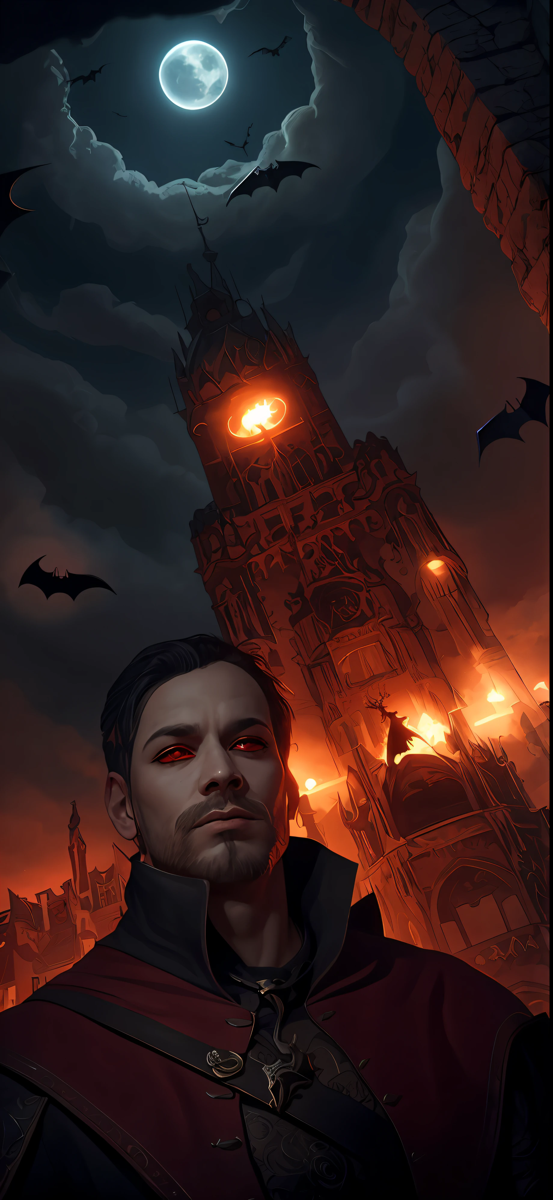 Thin, (Best Illustration), 8k Resolution, Intricate Details, Best Quality, Realistic, Ultra Detailed, Best Lighting, Best Shadows, Ultra HD, A Necromancer, Night, Magic, Dark Style, Vampire, Bat Wings, Red Eyes