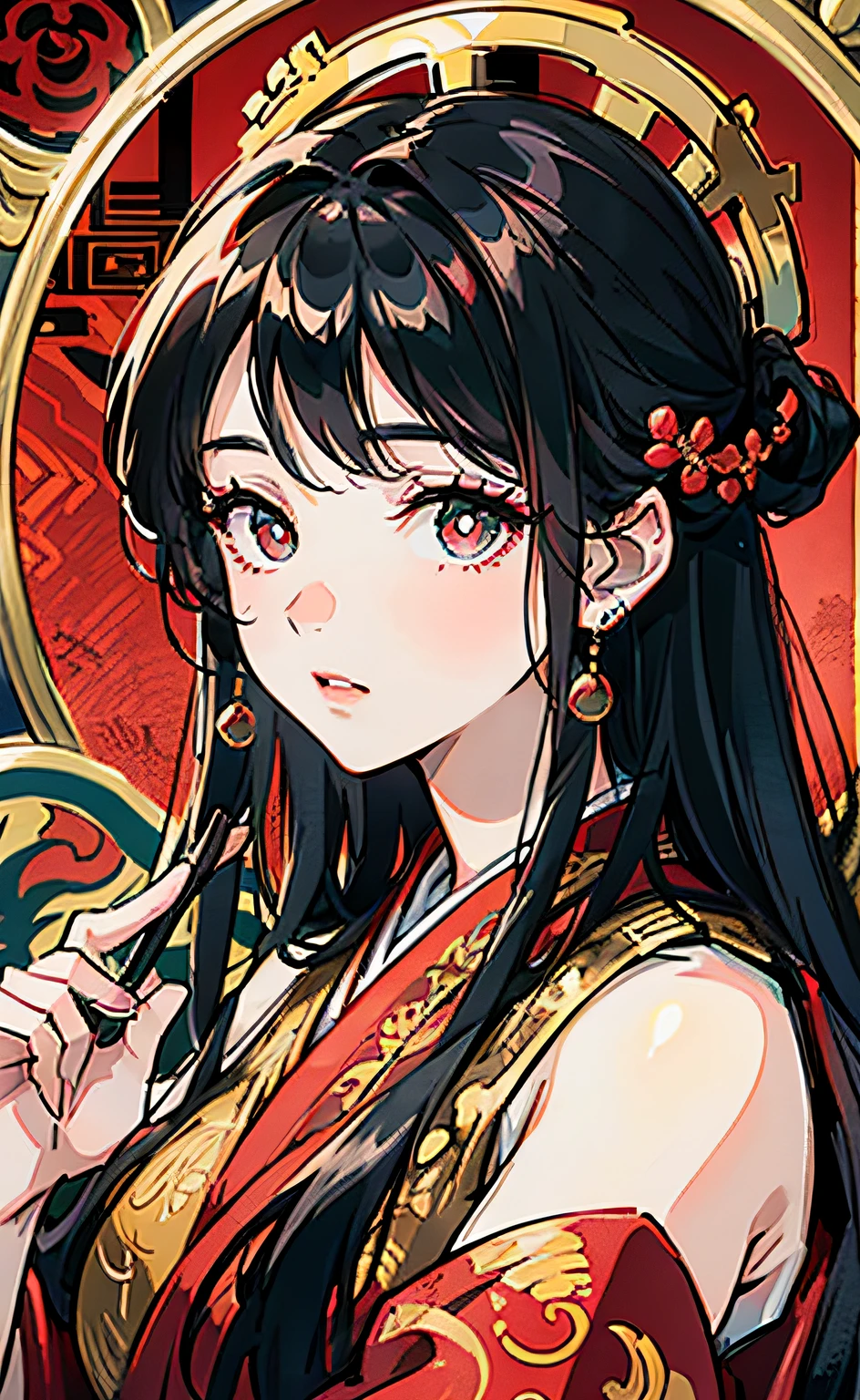Mature girl, black hair, floating hair, delicate eyes, red pupils, heroine, black and red antique damask hanfu, FOV, f1.8, masterpiece, complex scene, gorgeous portrait shot