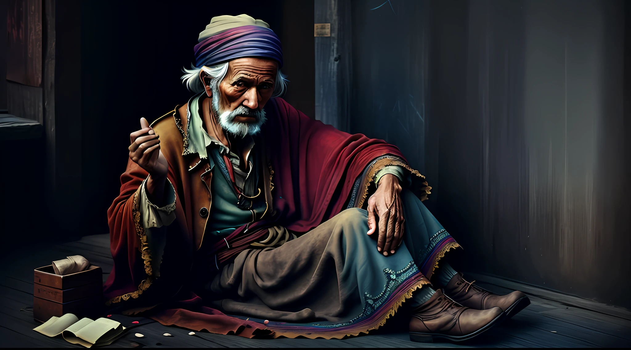 An old beggar, colorful,
yang08k, photography, beautiful, black background,
masterpieces, top quality, best quality, official art, beautiful and aesthetic, realistic,