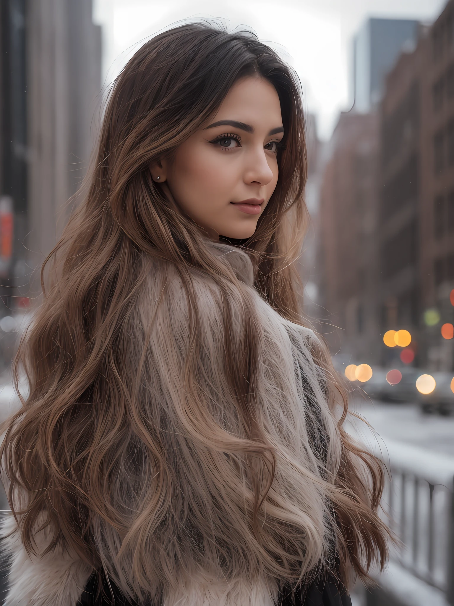 __hair color__, Latina woman, long hair, New York City background, winter, professional, 4K, HD, UHD, 8K, high detail, ultra definition