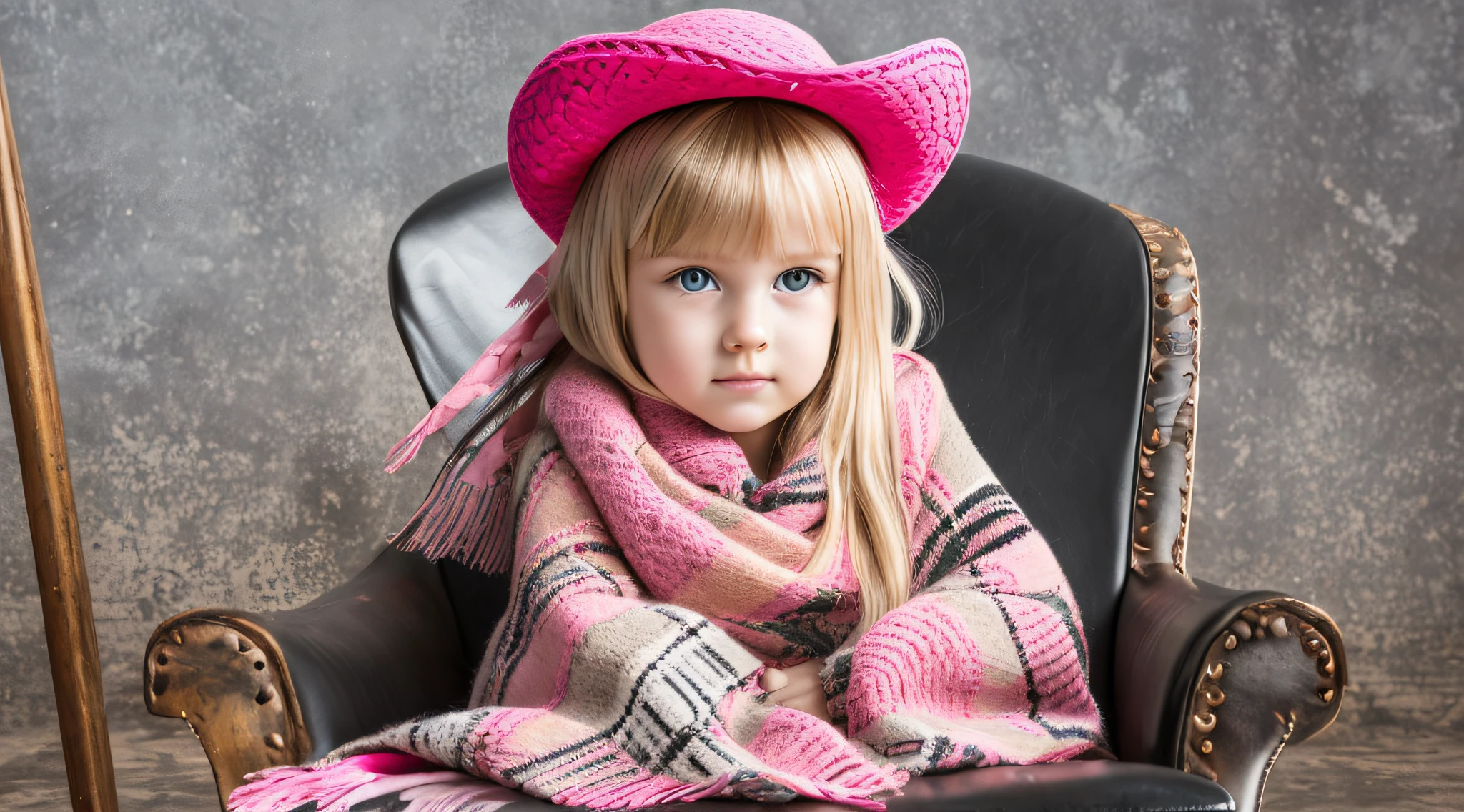 BLONDE CHILD girl,wearing a pink hat and scarf sitting on a black leather chair, photo from a promotional session, promotional photoshoot, young girl, beautiful young model, pink cowboy hat, young ager, photo shoot, photoshoot, inspired by Toros Roslin, red dress and hat, modeling essay, young and beautiful girl, studio portrait photography, photoshoot solo