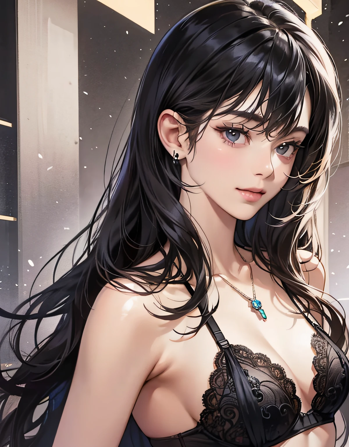 (Original photo: 1.2), (Realistic: 1.4), (Masterpiece: 1.3), (Top quality: 1.4), Dreamy, (detailed eyes), (detailed facial features), (detailed clothing features), Skin tone, (Shiny skin: 1.9), (Slim girl), (Slim girl), (Slim girl), 1 girl, ((full length)), Solo, cute, smlie, virtual girl aiming, (medium bust), bangs, straight hair, long hair, black hair, black eyes, crystal pendant, black lingerie, prominent