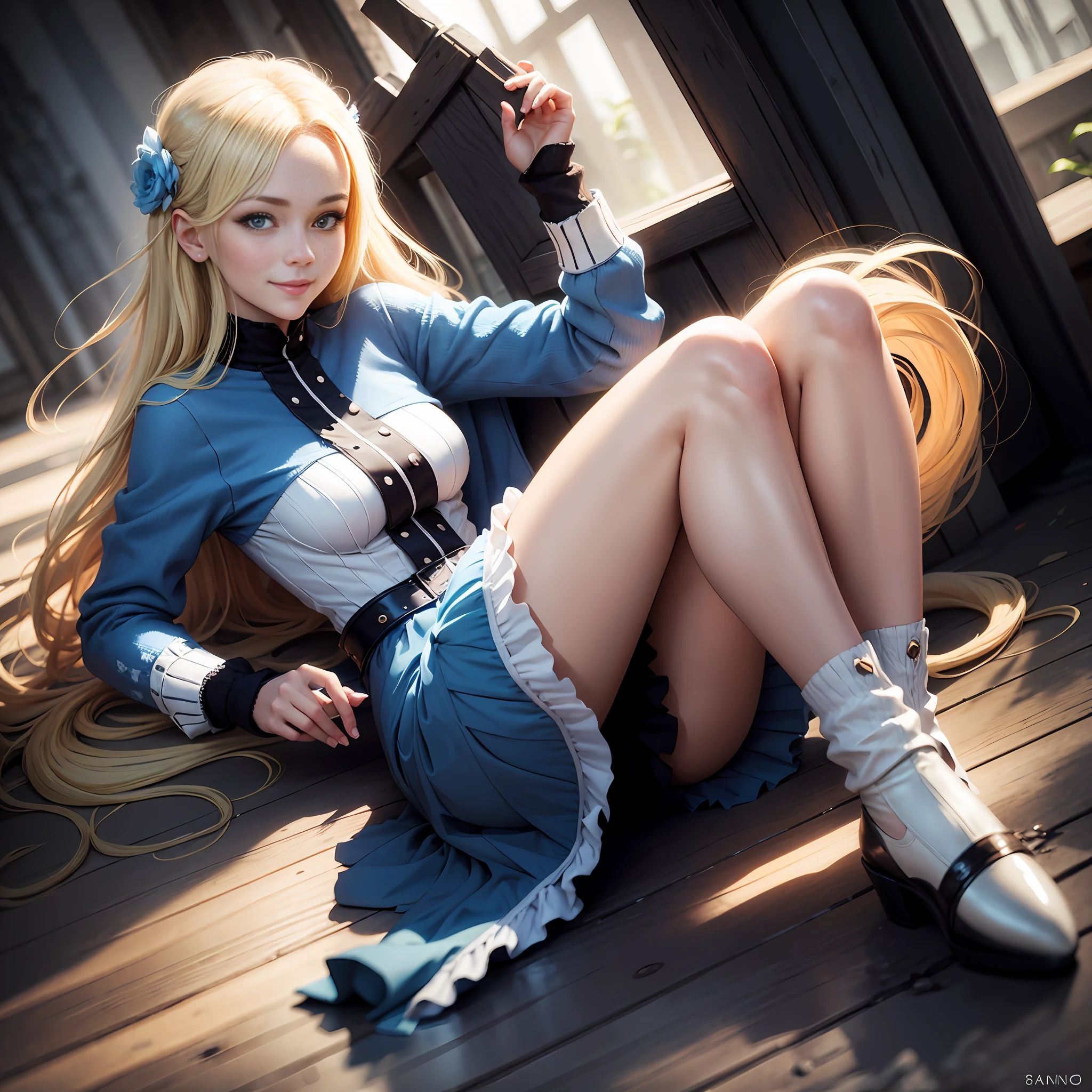 young woman, scandinavian beauty, blonde, full body, blue eyes, illusion, anime style, smiling