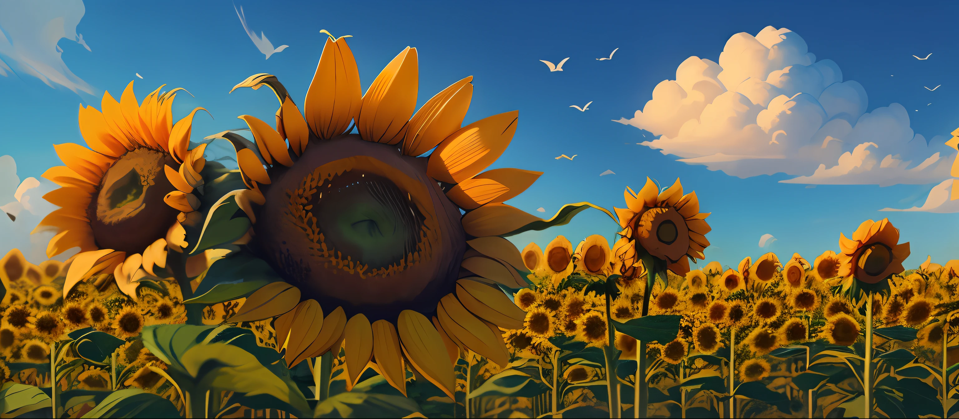 there are many sunflowers in a field with a sky background, scene: sunflower field, sunflowers, scene : sunflower field, rhads!!!, sunflower field, rhads!, by RHADS, beautiful sunny day, inspired by RHADS, beautiful sunflower anime girl, field of sunflowers, colors : yellow sunflowers, colors: yellow sunflowers