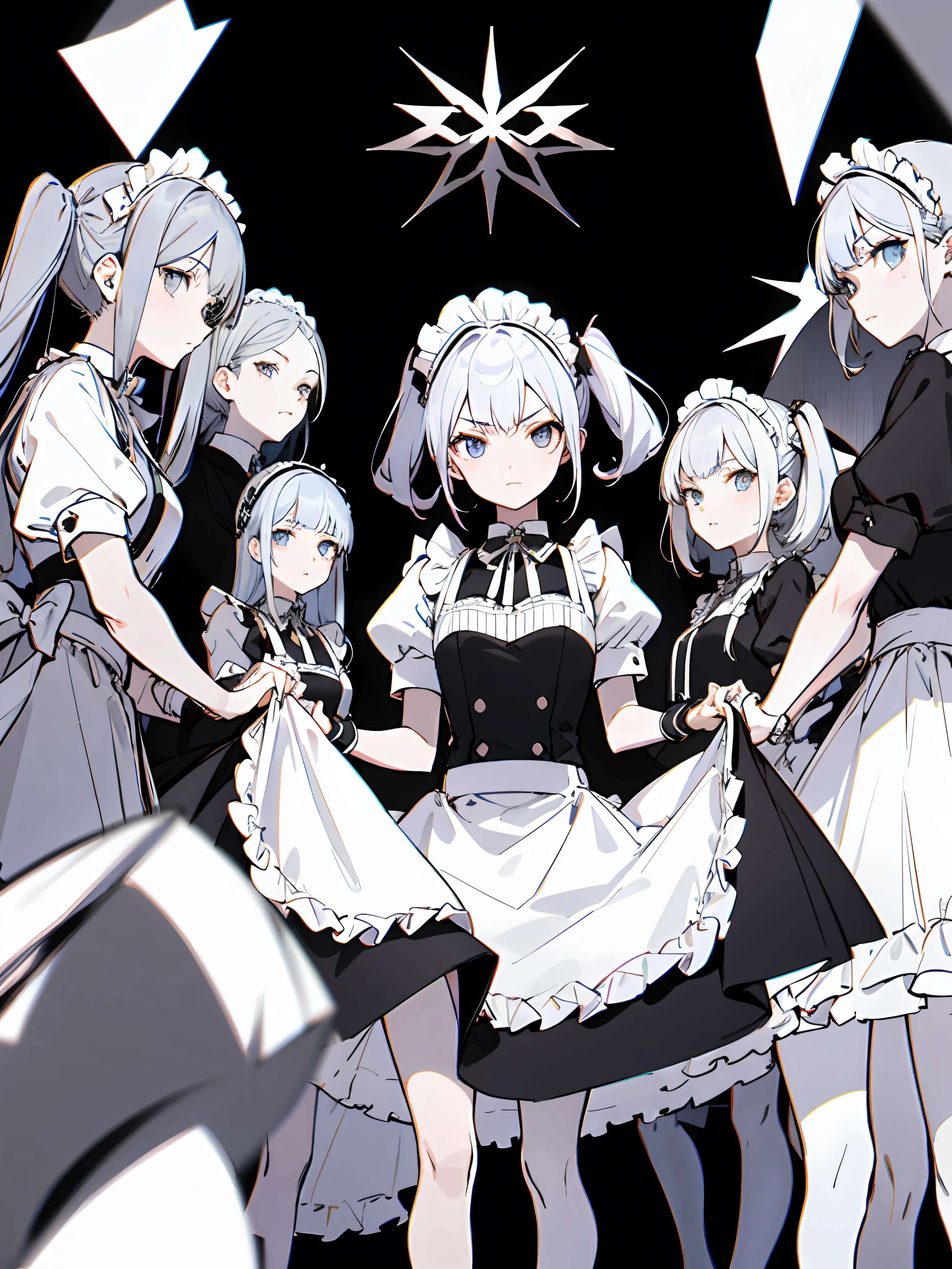 Groupe of girls lined up, [twintails], gloomy face, maid, yandere, skirt lift, panties, [self lift], fully visible panty, encircling viewer, random panties,