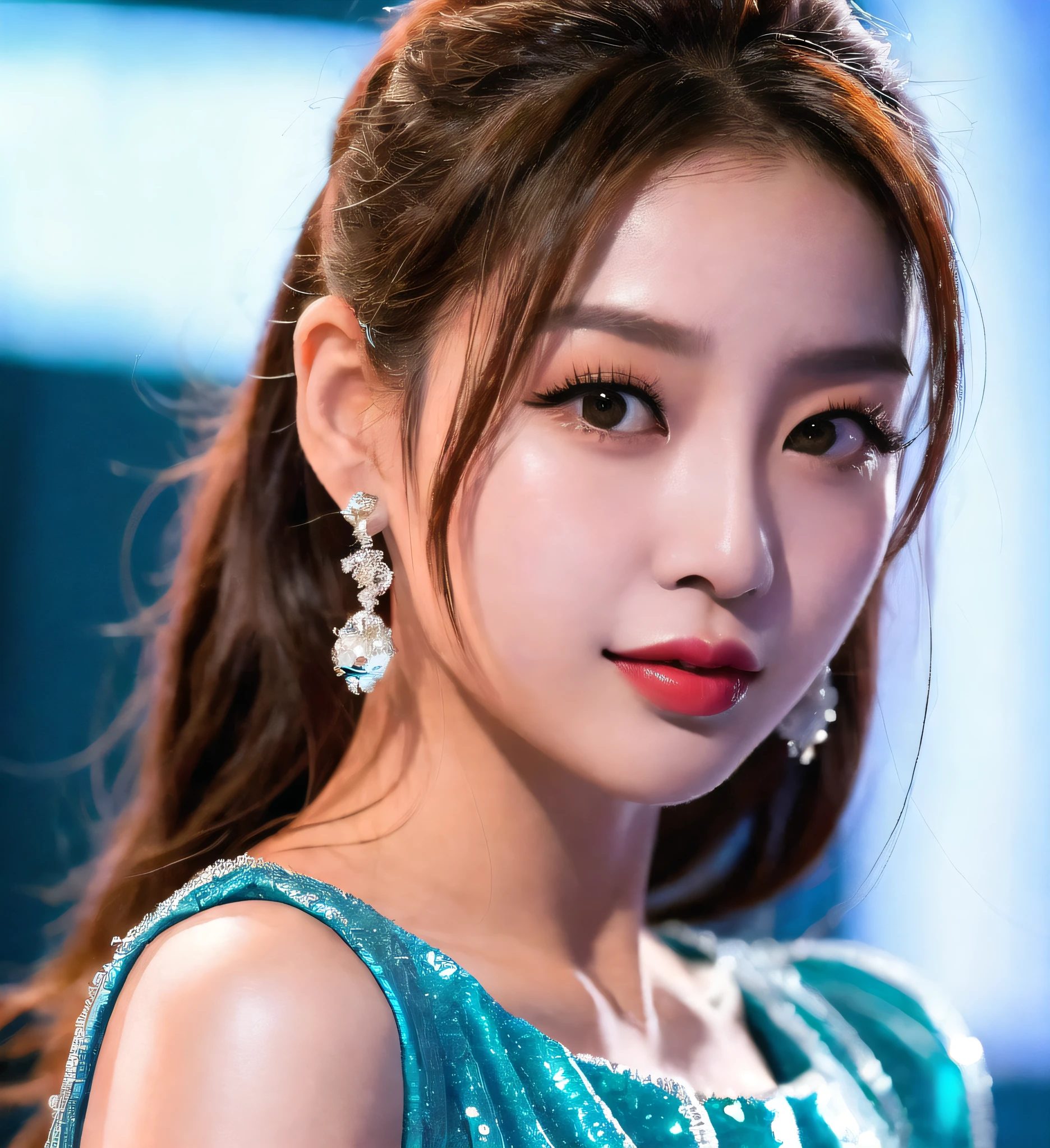 Arafe asian woman with long hair in blue dress, Tsuyu from the second degree, Portrait of female Korean idol, KPOP idol portrait, Popular Korean makeup, Beautiful Korean woman, Popular Korean makeup, Beautiful young Korean woman, Gorgeous young Korean woman, Larisa Manobar, Tiffany style, Fanseon, Dill Rabadilum Latte Latex
