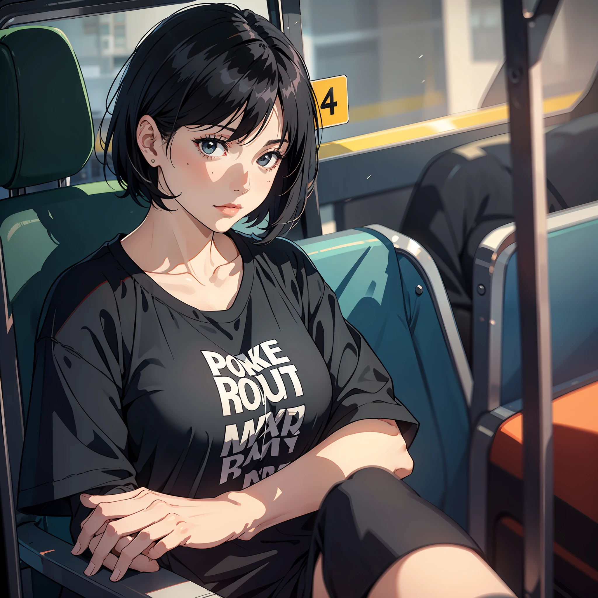 A middle-aged woman with a black shirt, short black hair, black eyes, and crossed hands sits on the bus