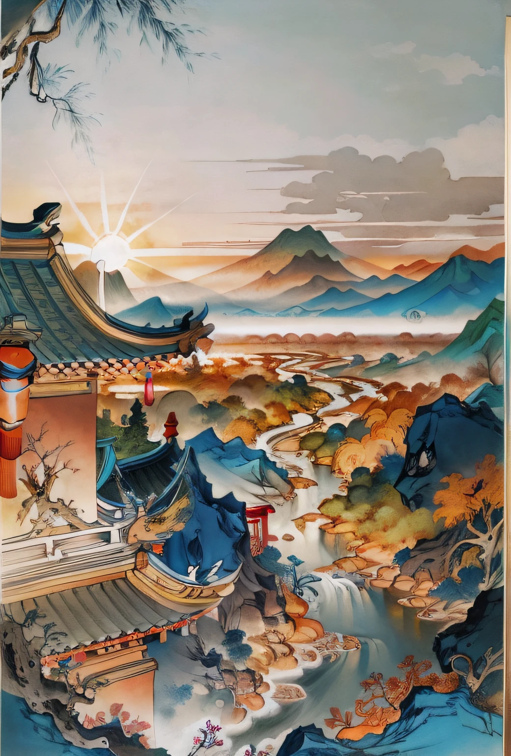 Ancient Chinese landscapes, ancient buildings, pavilions, carved beams and painted buildings, beautiful mountains and rivers, inspired by Jin Yong martial arts, sunlight, ink painting style, clean colors, decisive cutting, blank space, freehand, masterpiece, super detailed, epic composition, high quality , highest quality, pixar style, oversaturated, surreal, artgerm --v 6