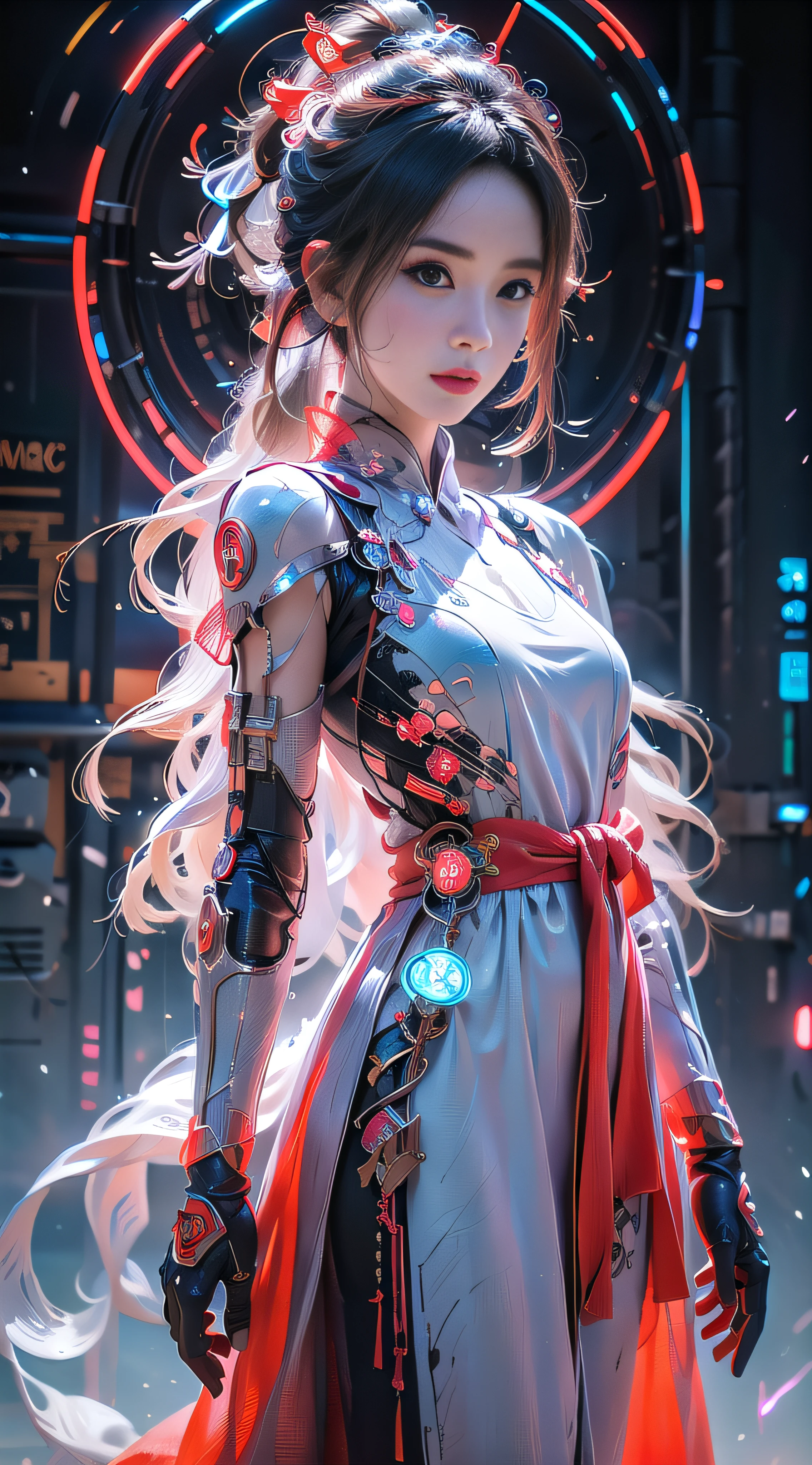 1 girl solo, perfect_hand, (8k, RAW photo, best quality, masterpiece:1.2), (realistic, photo-realistic:1.4), (extremely detailed CG unity 8k wallpaper),full body, (neon lights), machop, mechanical arms, hanfu, Chinese clothes, dress,