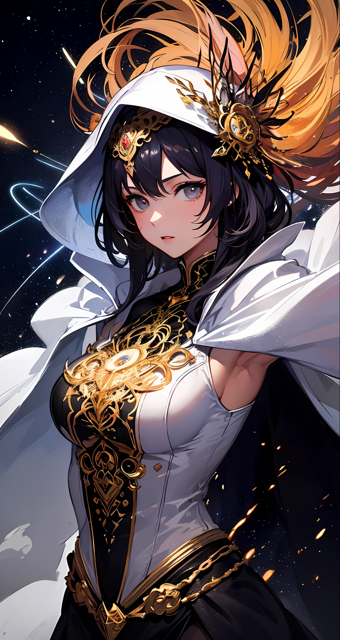 (masterpiece, top quality, best quality, official art, beautiful and aesthetic:1.2), (1girl), extreme detailed, (fractal art:1.3), colorful, highest detailed, perfect face, upper body, HDR, (praying:1.3), (white cloak golden lines:1.2), galaxy, (light streaks), striking visuals, (dynamic streaks, luminous trails:1.2), vibrant colors,