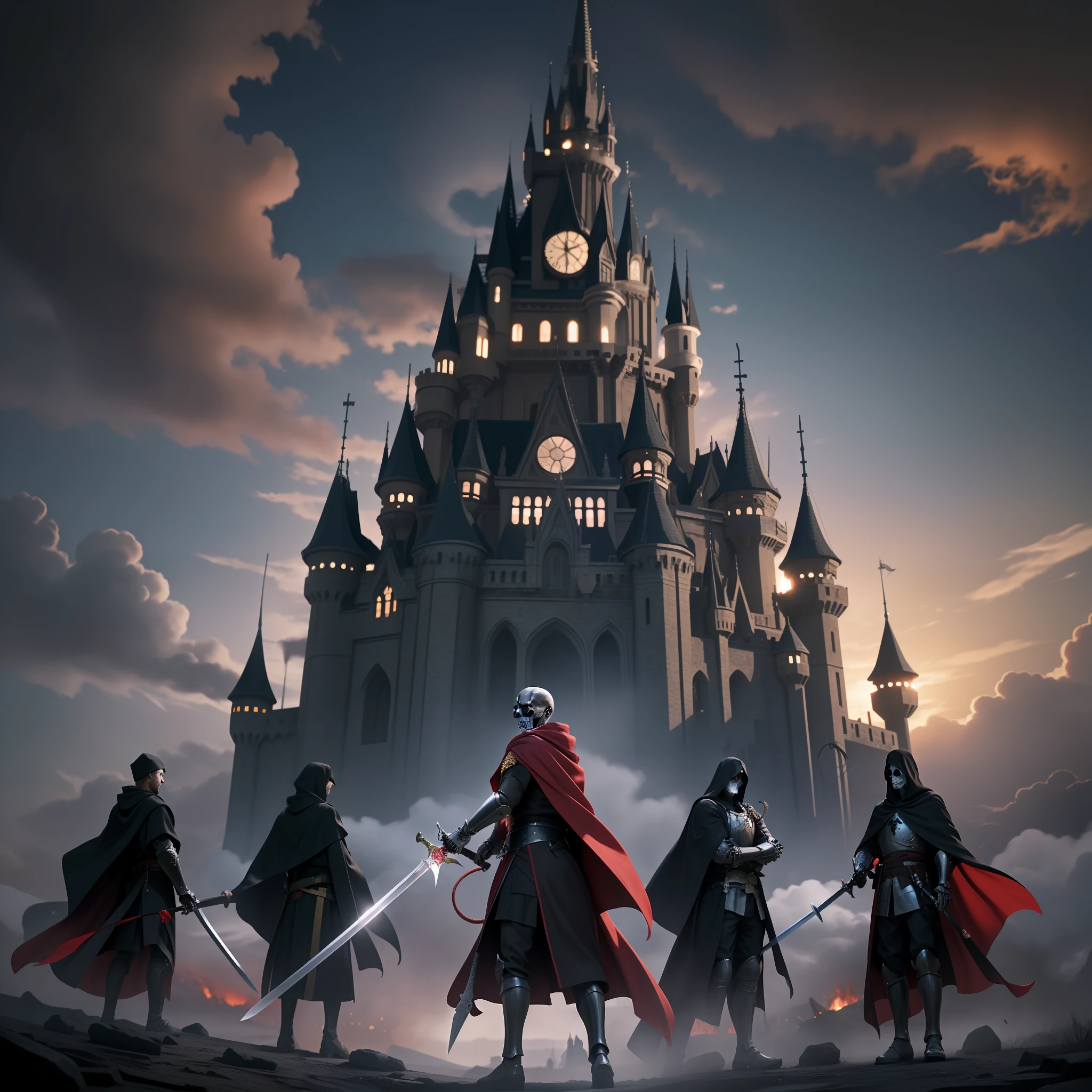 Skeletons in black robes, holding swords, like knights, Shrouded in red magic, Standing in the Battlefield, castle background