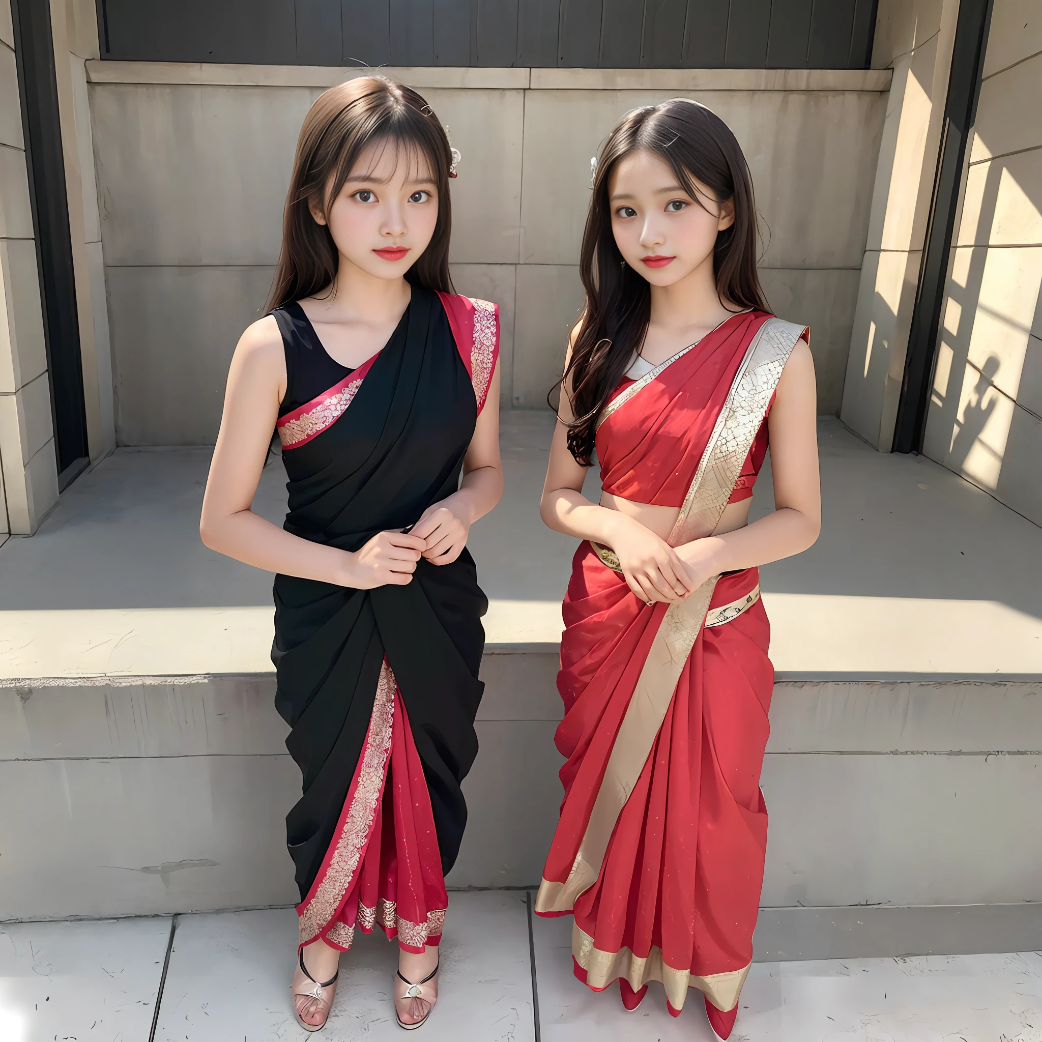 masterpiece, best quality, official art,extremely detailed CG unity 8k wallpaper, extremely detailed, ultra high res, (photorealistic:1.4),(((14 years old:1.7))), lovely, cute, adorable, beautiful, naughty face, indian saree , brown eyes, long black hair, floating hair, medium breasts, blush,full-face blush,shoulder blush, hair ornament, natural light, light on face, looking at viewer,(((full body:1.3))),naughty face,