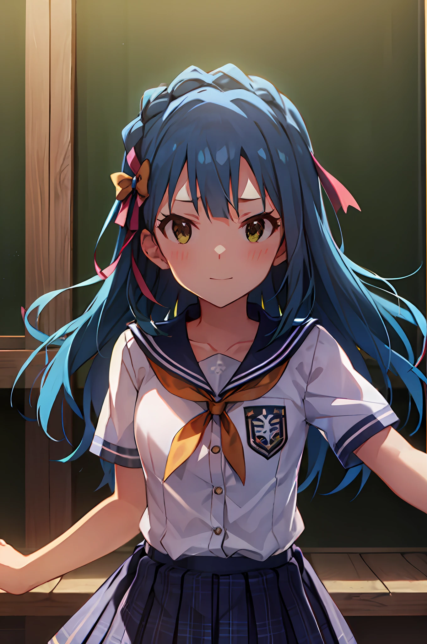 Yuriko Nanao (Million Live), (Top Quality, 8K, Masterpiece, Super Detail: 1.2), Cinematic Angle, Wide Shot, 1 Girl, Solo, Skirt, Watch Audience, Sailor Color, Pleated Skirt, Short Sleeves, School Uniform, Blush, Seravuk, Clavicle, Ribbon, Upper Body, Adjusted Hair, Wind, Floating Hair,Fighting Stance.DespairFace.Night.