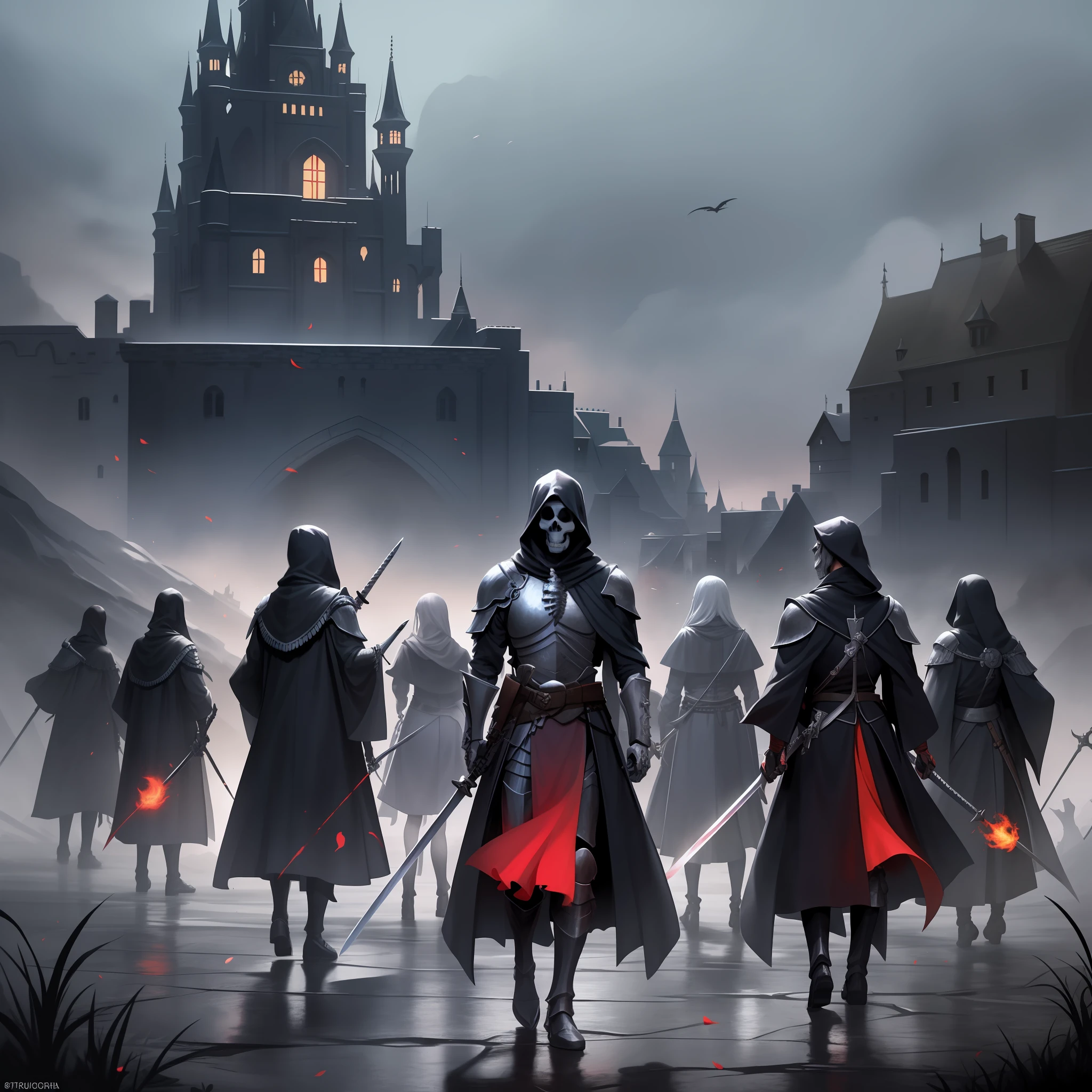 Skeletons in black robes, holding swords, like knights, Shrouded in red magic, Standing in the Battlefield, castle background