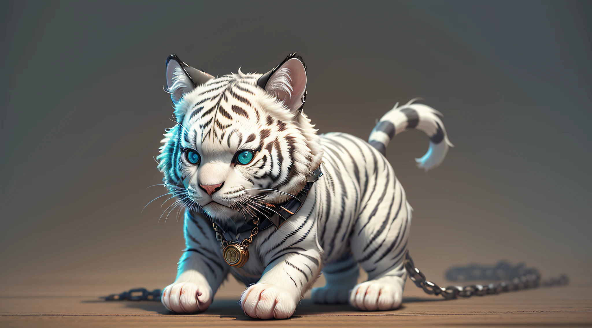 cute tiny hyperrealistic white tiger with different color eyes waring a necklace, Chibi, adorable and fluffy, logo design, cartoon, cinematic lighting effect, charming, 3D vector art, cute and quirky, fantasy art, bokeh, hand-drawn, digital painting, soft lighting, isometric style, 4K resolution, photorealistic rendering, highly detailed clean, vector image, photorealistic masterpiece, professional photography, simple space backdrop, flat white background, isometric, vibrant vector
