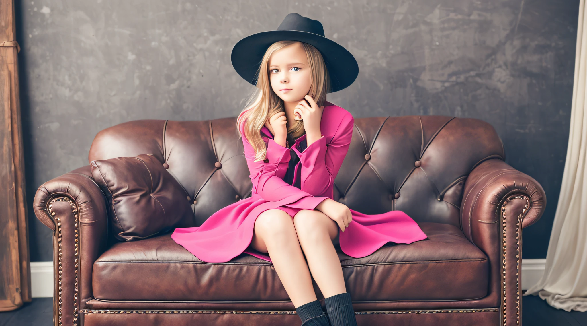 BLONDE CHILD girl,wearing a pink hat and scarf sitting on a black leather chair, photo from a promotional session, promotional photoshoot, young girl, beautiful young model, pink cowboy hat, young teenager, photo shoot, photoshoot, inspired by Toros Roslin, red dress and hat, modeling essay, young and beautiful girl, studio portrait photography,  photoshoot solo