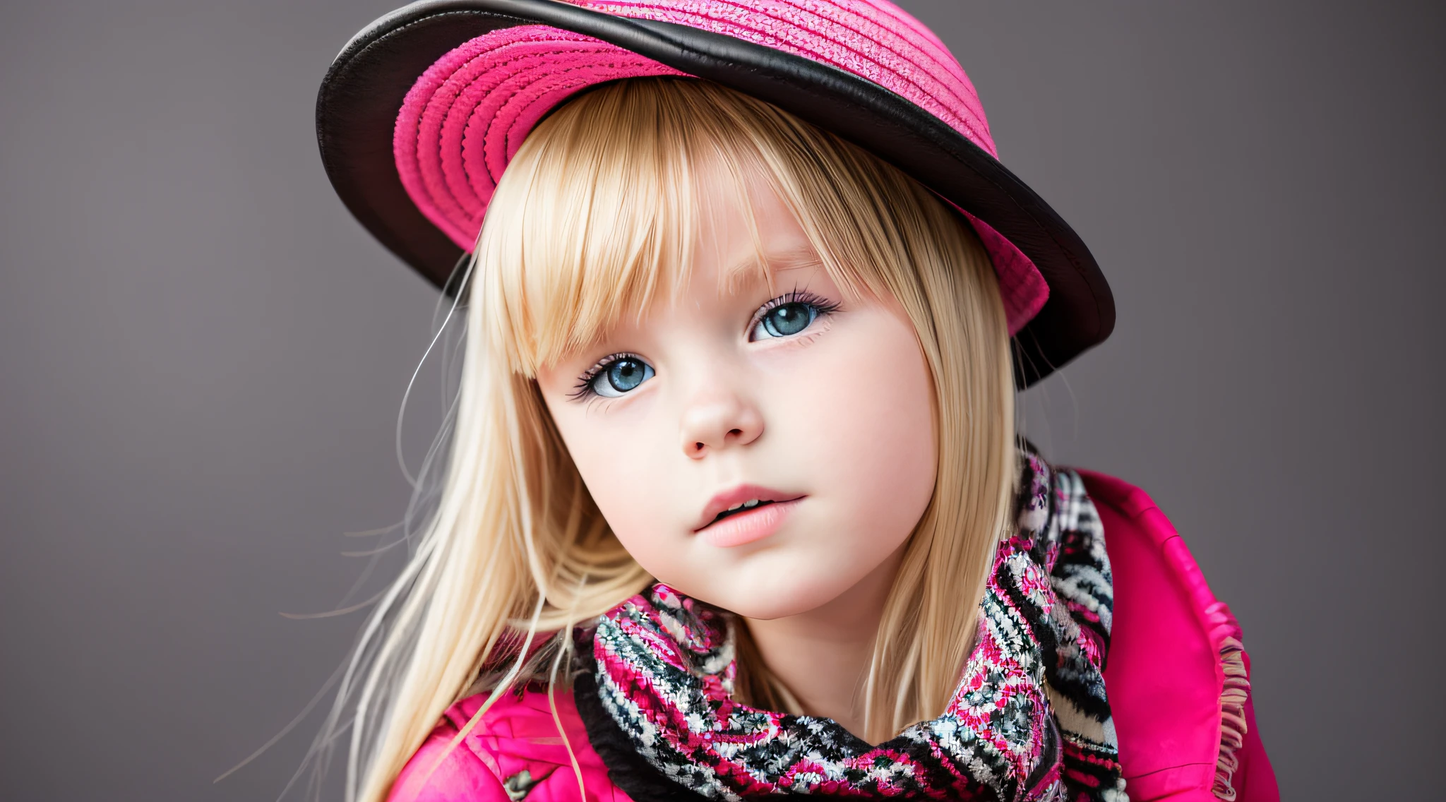 BLONDE CHILD girl,wearing a pink hat and scarf sitting on a black leather chair, photo from a promotional session, promotional photoshoot, young girl, beautiful young model, pink cowboy hat, young ager, photo shoot, photoshoot, inspired by Toros Roslin, red dress and hat, modeling essay, young and beautiful girl, studio portrait photography, photoshoot solo