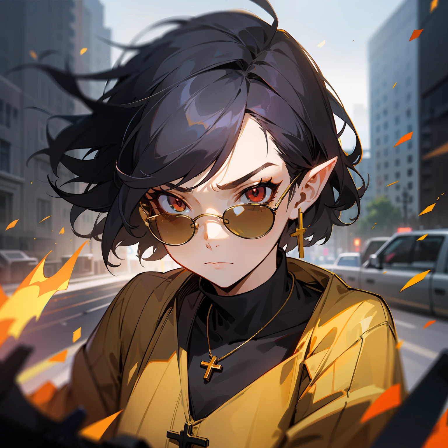1woman, solo, black hair, short hair, unsemitic hair, curls, red eyes, indifferent emotion, black sweater, silver necklace, (yellow sunglasses:1.3), yellow pants with black belt, night, cyberpunk city, dark shade, light on hair, perspective, fragments, play of light, fire effects, ak-47 assault rifle behind, wind, dynamics, pointy ears, cross earrings