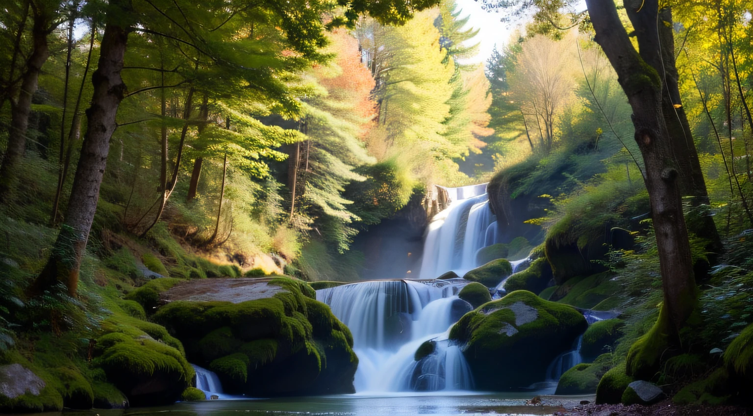 ((high quality)) masterpiece,Immerse yourself in a breathtaking forest landscape where a cheerful and vibrant environment awaits you. Imagine this: falling leaves, waterfall, adding a touch of liveliness to the scene. This stunning image captivates with its high-quality resolution, with stunning 8k clarity that ensures every detail is rendered with astonishing precision. Captured with a top-of-the-line Nikon camera with a 35mm lens, the composition perfectly captures the essence of nature's beauty. An artistic touch, making this forest landscape a mesmerizing work of art that will leave you in awe.