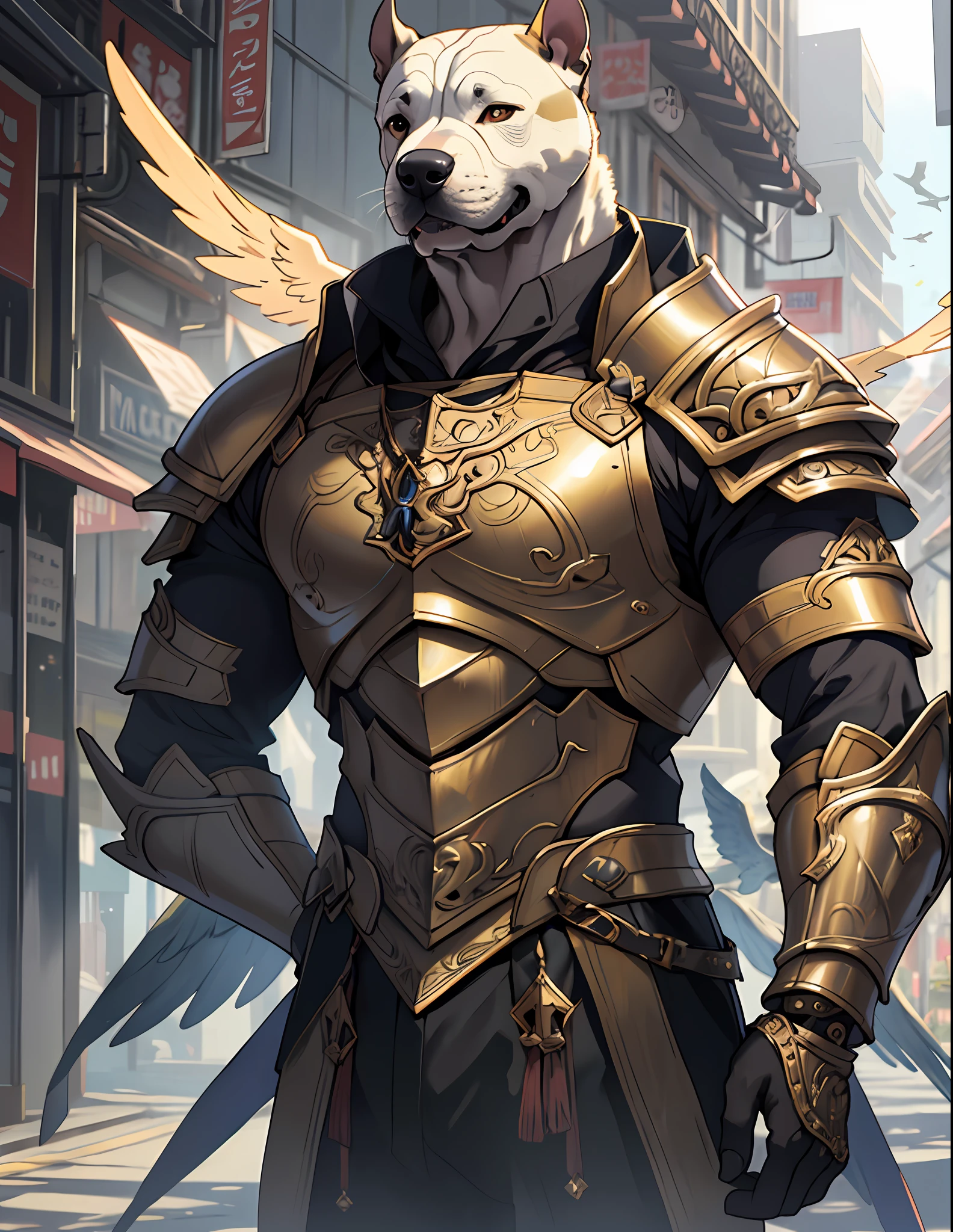 ((raw photo)), ((Work before)), Bull terrier dog Anthropomorphic Dog AngelDog, Bulldog breed, wearing gold armor, intricate detail, Futobot, intricate Greebles pieces, Golden heavenly city behind, large wings