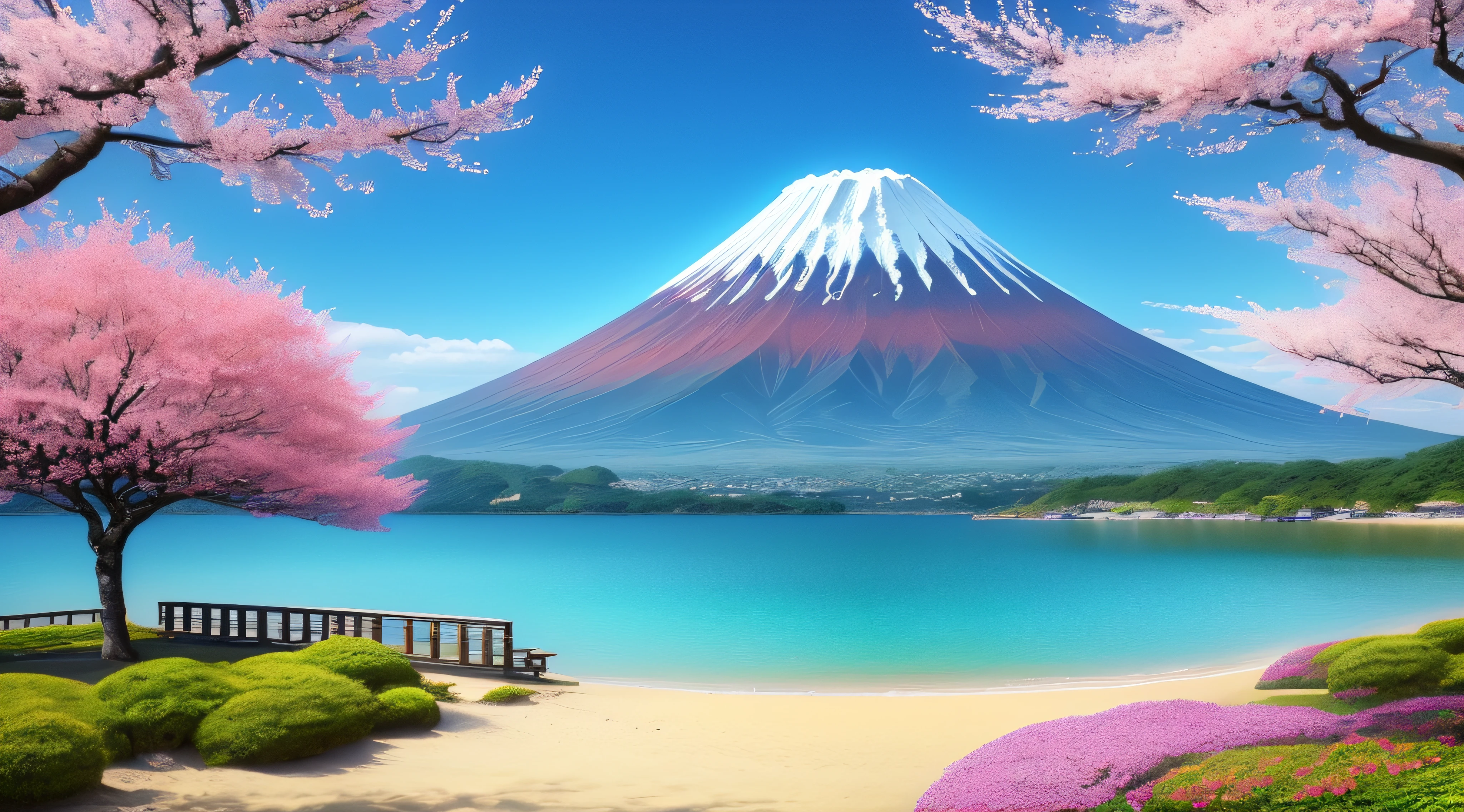 A picturesque view of Mount Fuji, adorned with delicate and lush cherry blossoms, standing tall and proud, untouched by human presence.(summertime, serene atmosphere, picturesque scenery), tranquil beach, (deserted and peaceful setting), clear blue waters, gorgeous coast, (idyllic and serene view).