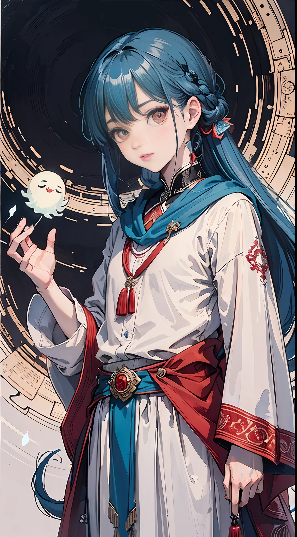 Realism, (Obra-prima, top quality, best quality, official art, beauty and aesthetics: 1.2), very detailed, fractal art, variegated, most details, zentangle, (abstract background: 1.5) (1 boy: 1.3), divine beauty, blue hair, (glowing red eyes), mysterious, (magic), ice and snow, radiant garlic, ghost, ultra clear, 8k