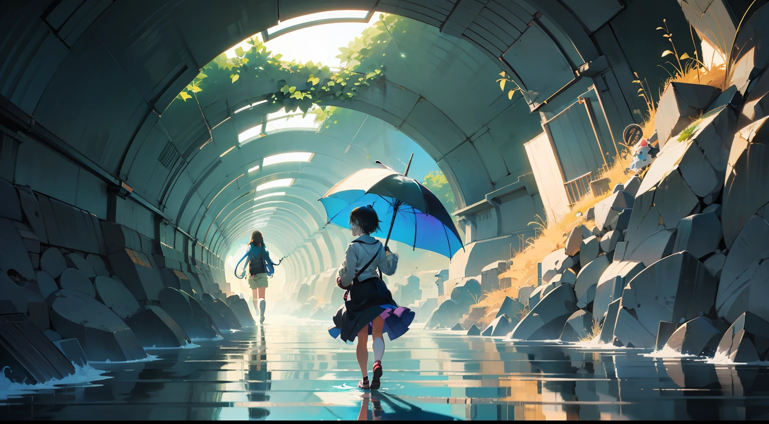 anime girl with umbrella standing in a tunnel of fish, wallpaper anime blue water, anime art wallpaper 4 k, anime art wallpaper 4k, makoto shinkai cyril rolando, anime art wallpaper 8 k, a beautiful artwork illustration, anime girl walking on water, 4k anime wallpaper, anime wallpaper 4k, anime wallpaper 4 k, beautiful art uhd 4 k