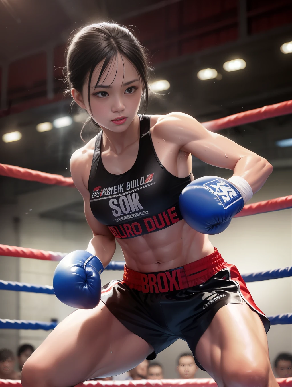 Top quality, masterpiece, black hair, black eyes, boxing uniform, shiny skin, sweat-soaked skin, toned abs, beautiful legs, boxing arena, dramatic light
