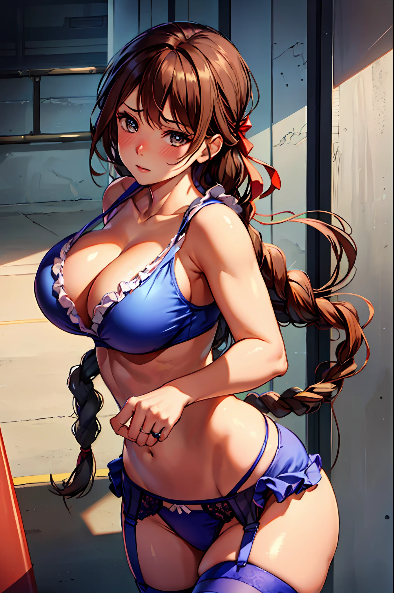 (masterpiece, nonsense , best quality, high resolution, Unity 8K wallpaper, extremely detailed CG: 1), (illustration: 1.0), 1girl, solo, 21 years old , medium boobs, yurims, headband, sparkling eyes, woman cute young woman, embarrassed expression, blushing, detailed face, perfect body, slender, stunning girlfriend, defined body, huge breasts )) wearing blue colored lingerie (( bra, thong panties with ruffles, garter belt and 7/8 stockings) , fighting gym, ring