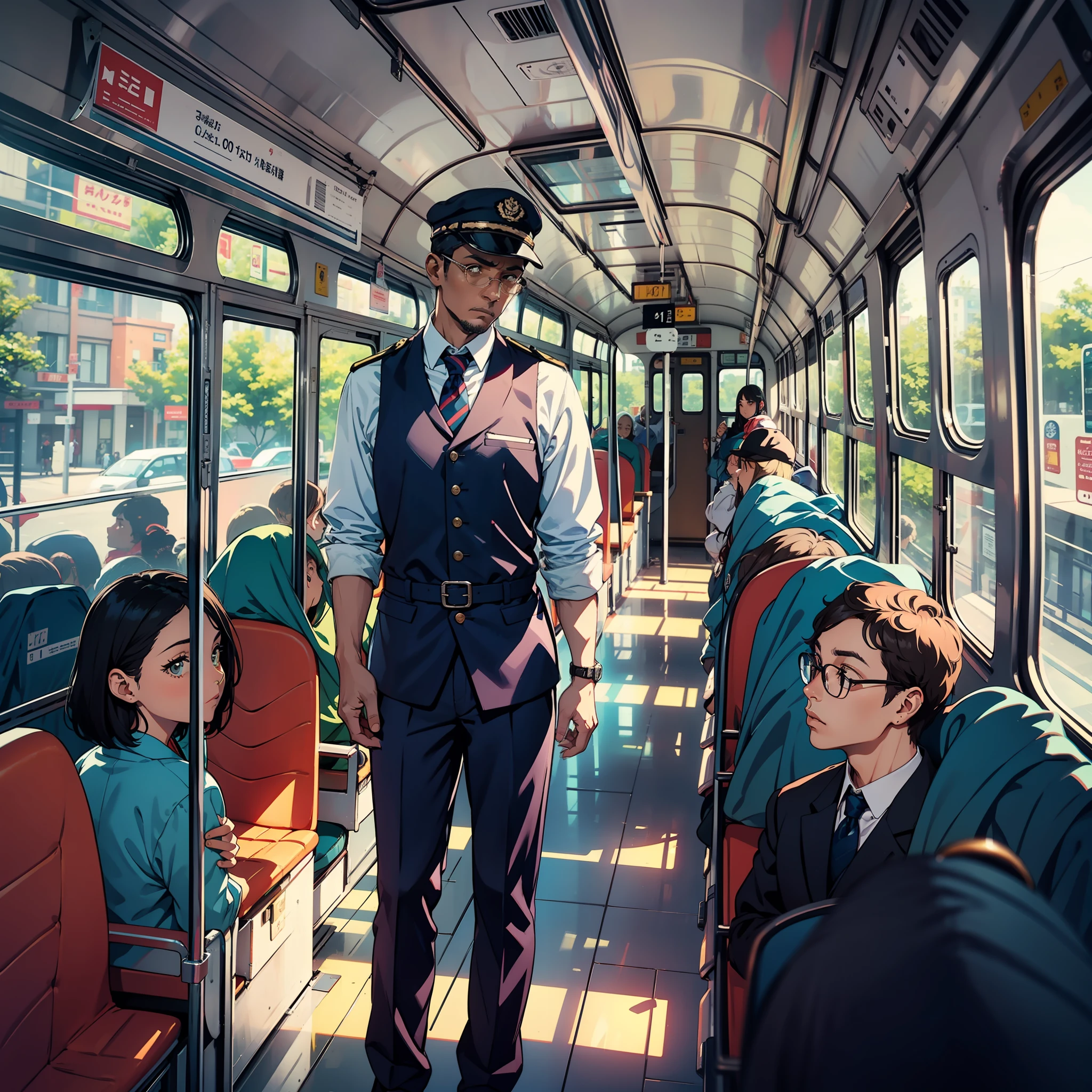 The bus conductor stands on the bus