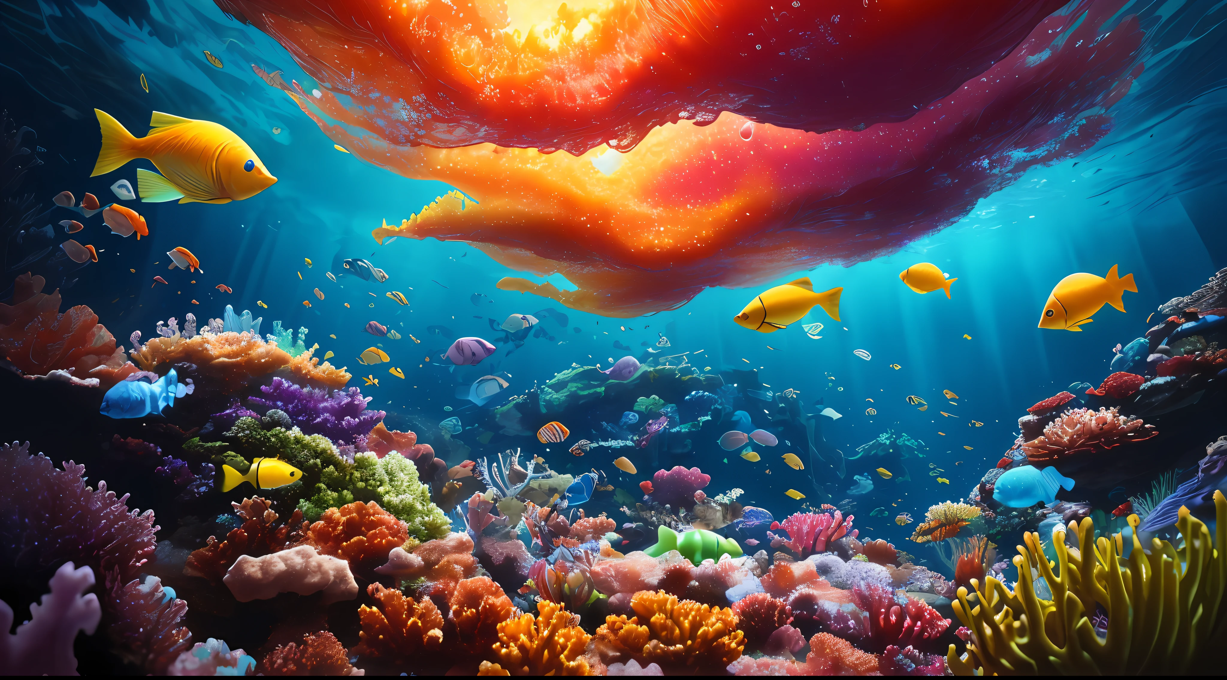((perspective)) microscopic world, vista, underwater fantasy,((masterpiece)), best quality, high quality, ((extremely detailed CG unity 8k wallpaper)),(fantasy), complex background, underwater fantasy world, fish school, Glowing jellyfish, colorful, (abyss)), staggered stone platforms in the abyss, glowing undersea plants, 3D digital painting, award winning photography, bokeh, depth of field, HDR, chromatic aberration, photorealistic, extremely detailed, artstation Trends on CGsociety, Intricate, High Detail, dramatic, art by midjourney, --v 6