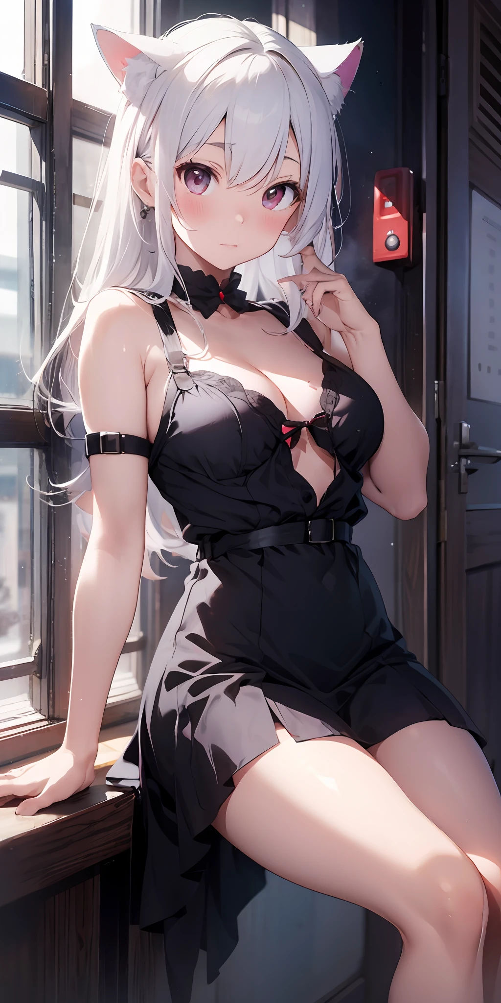 Anime girl with white hair and cat ears, ruby eyes, shy, blush, medium breast, bare legs, dress, high contrast, soft light, master piece, extraordinary nice