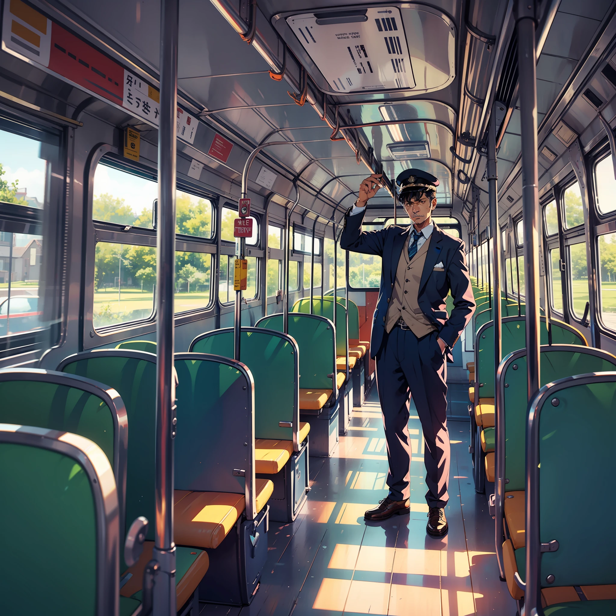 The bus conductor stands on the bus