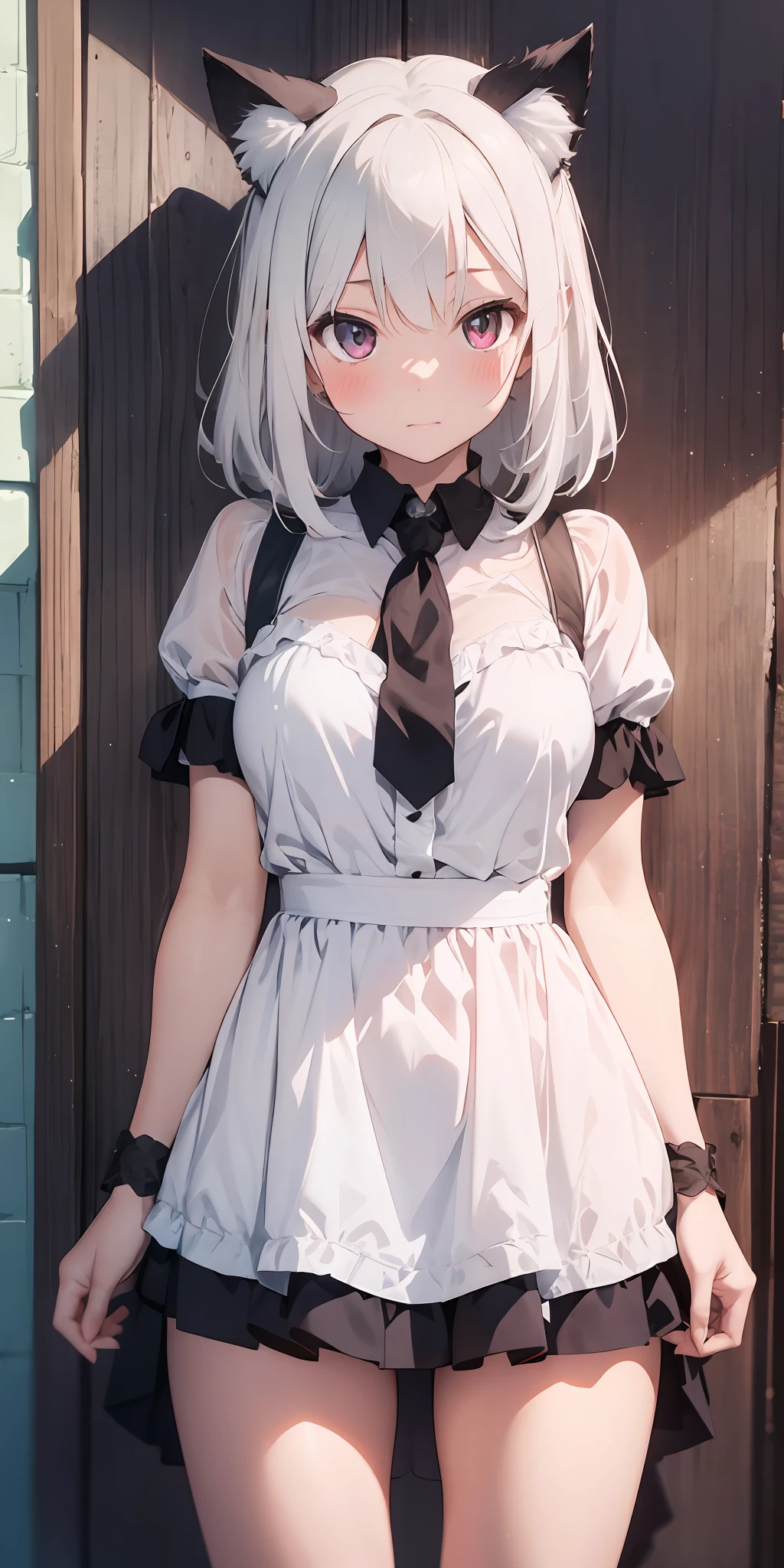 Anime girl with white hair and cat ears, ruby eyes, shy, blush, medium breast, bare legs, dress, high contrast, soft light, master piece, extraordinary nice