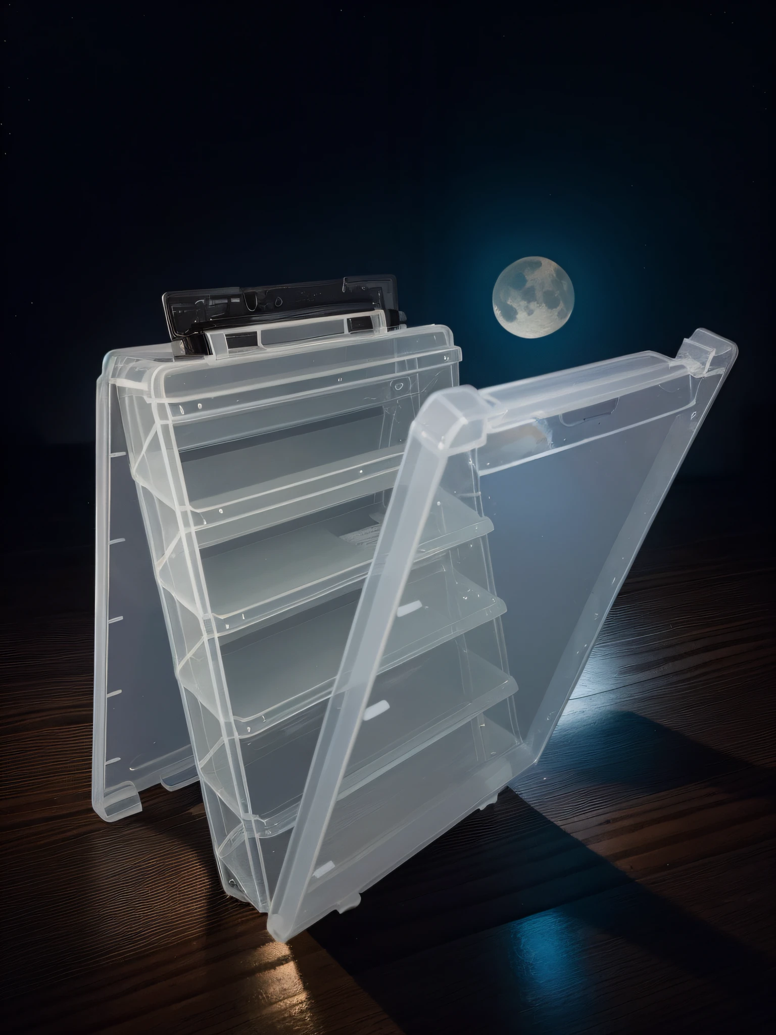 On the wooden table, there is a transparent plastic box with a transparent slimmer lid in the background, starry sky background, moon lighting, game case, bottom corner, holographic body display, official product image, dark background, product photo, product introduction photo, official product photo, packshot, product photo, bottom view, bottom view, detailed product photo, cover, holding playing cards, on a dark background
